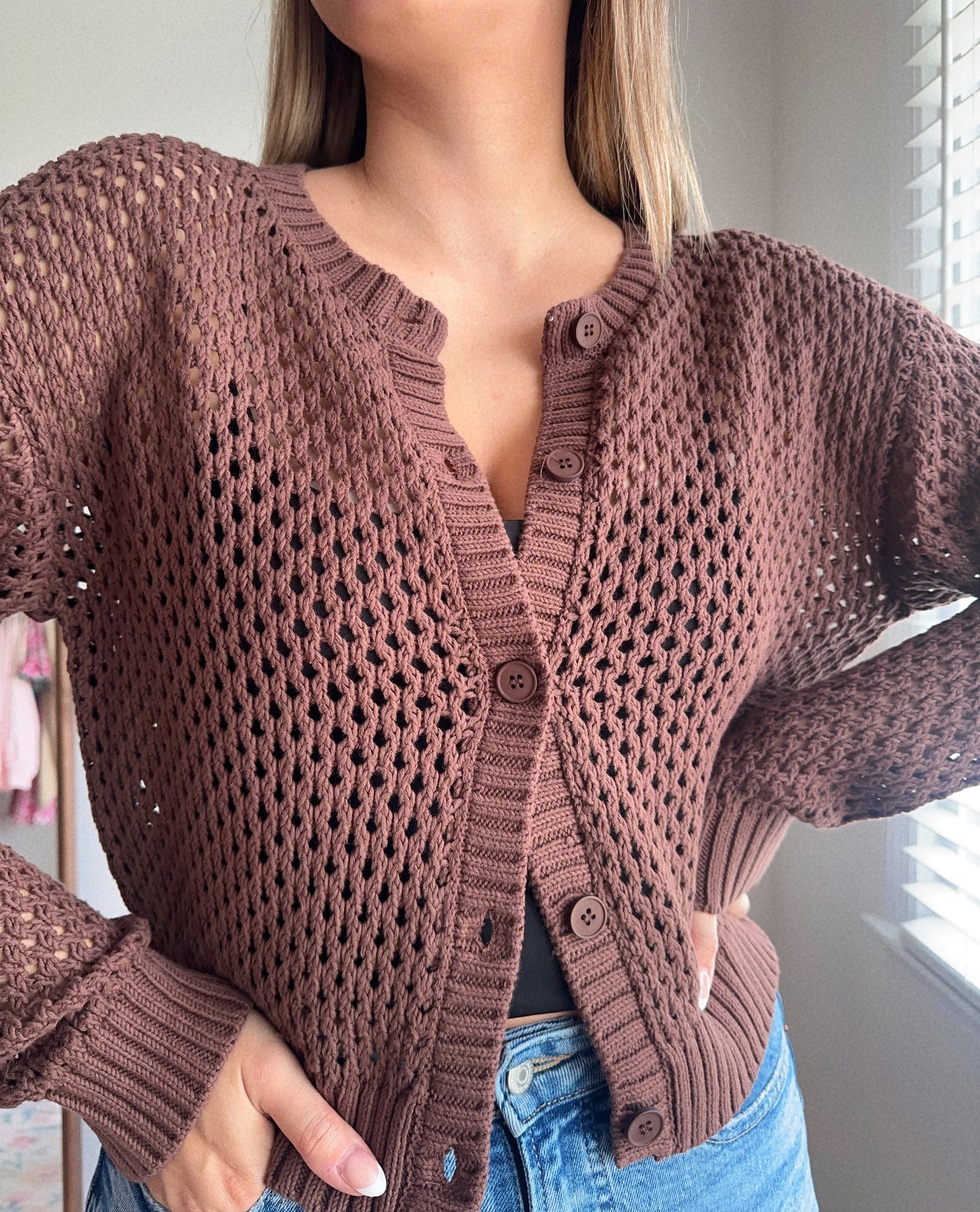 Layered & Lovely Crochet Cardigan - Brown