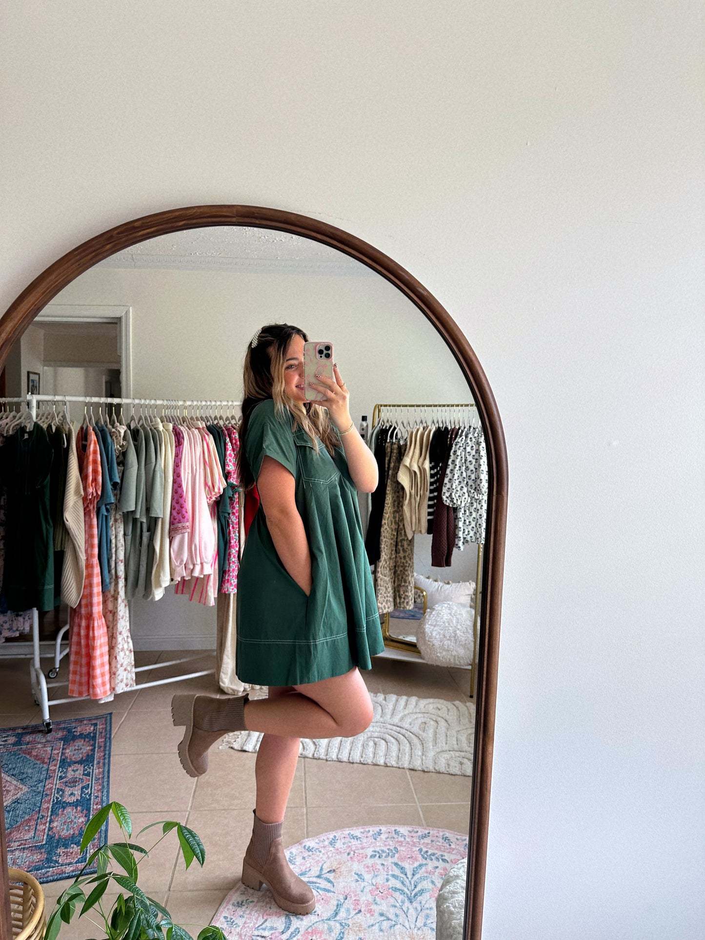 Falling Leaves Forest Green Mini Pleated Dress