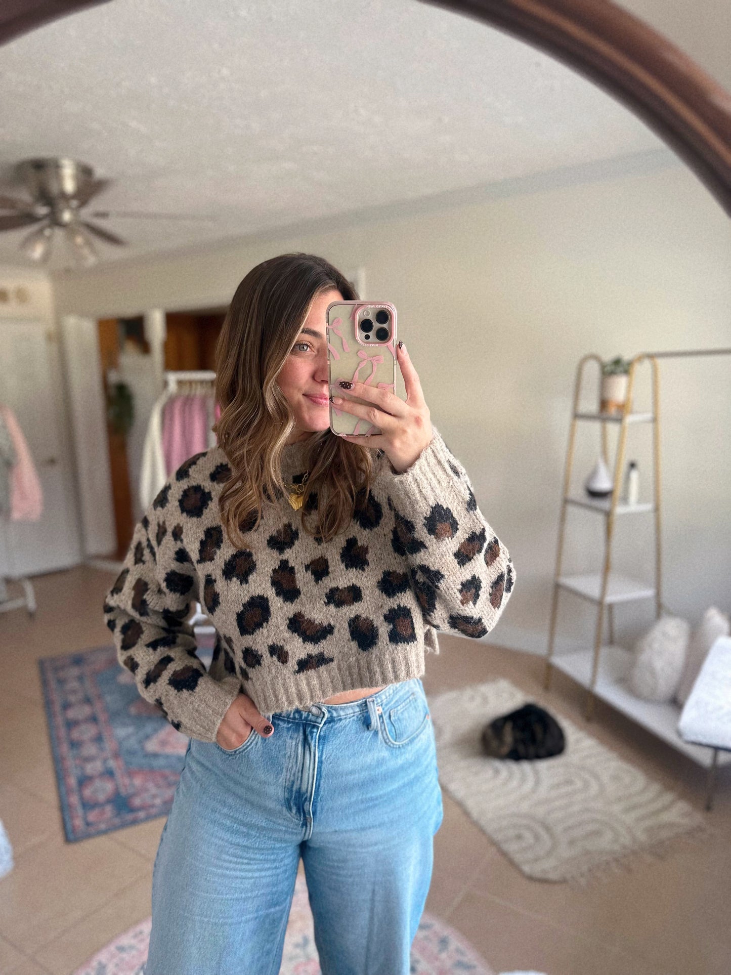 Conversation Starter Cropped Leopard Print Knit Sweater