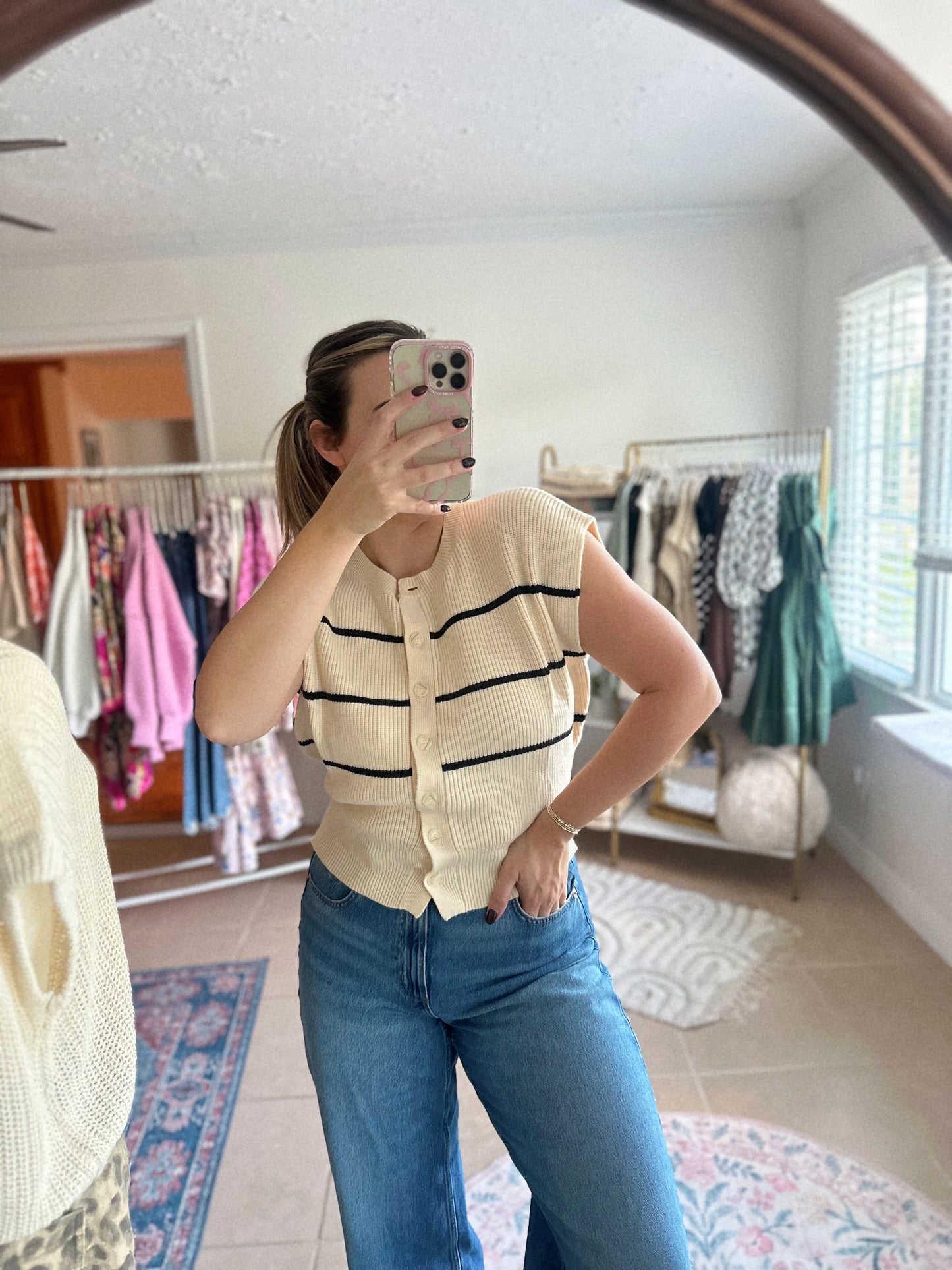 Ever So Sweet Striped Button Down Sweater Vest Top