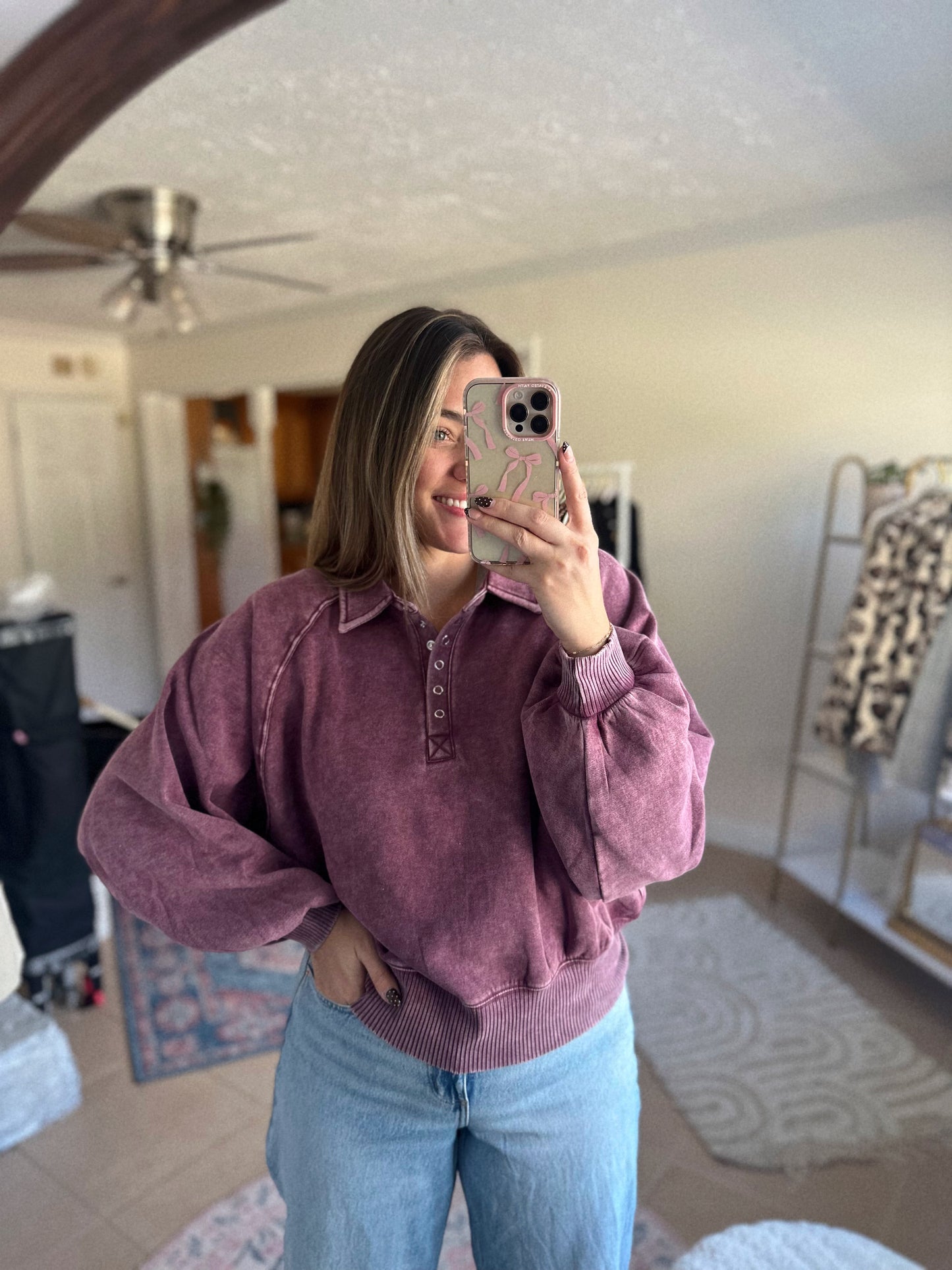 Dressing For Comfort Half Button Plum Pullover