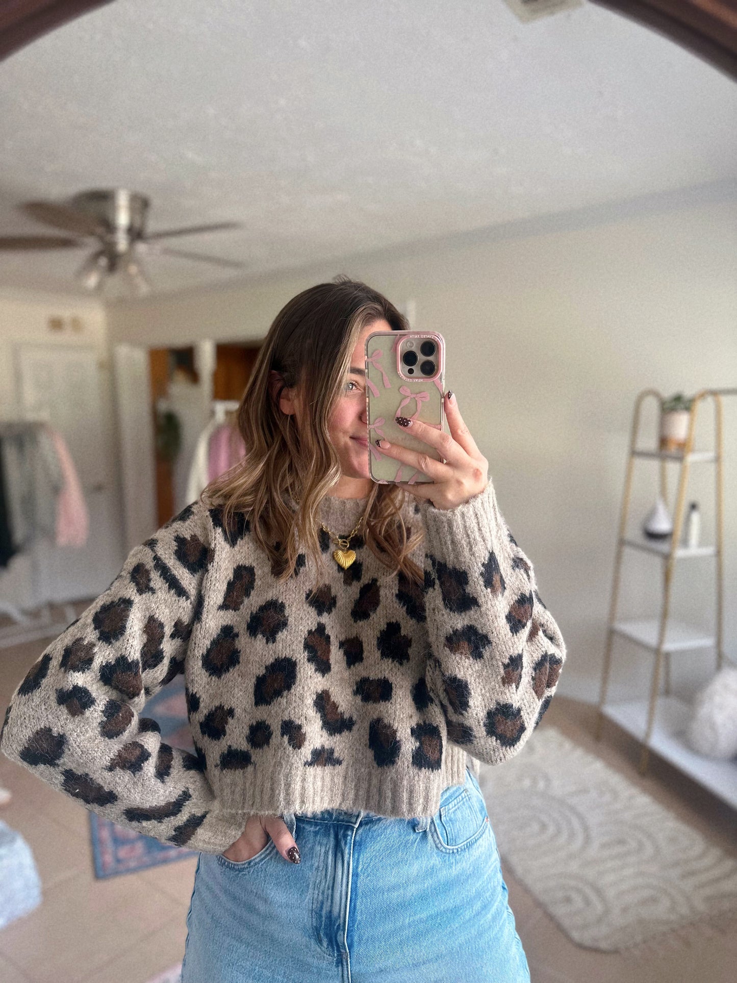 Conversation Starter Cropped Leopard Print Knit Sweater