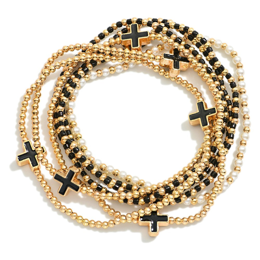 A Moment For The Black + Gold Cross Bracelet Stack