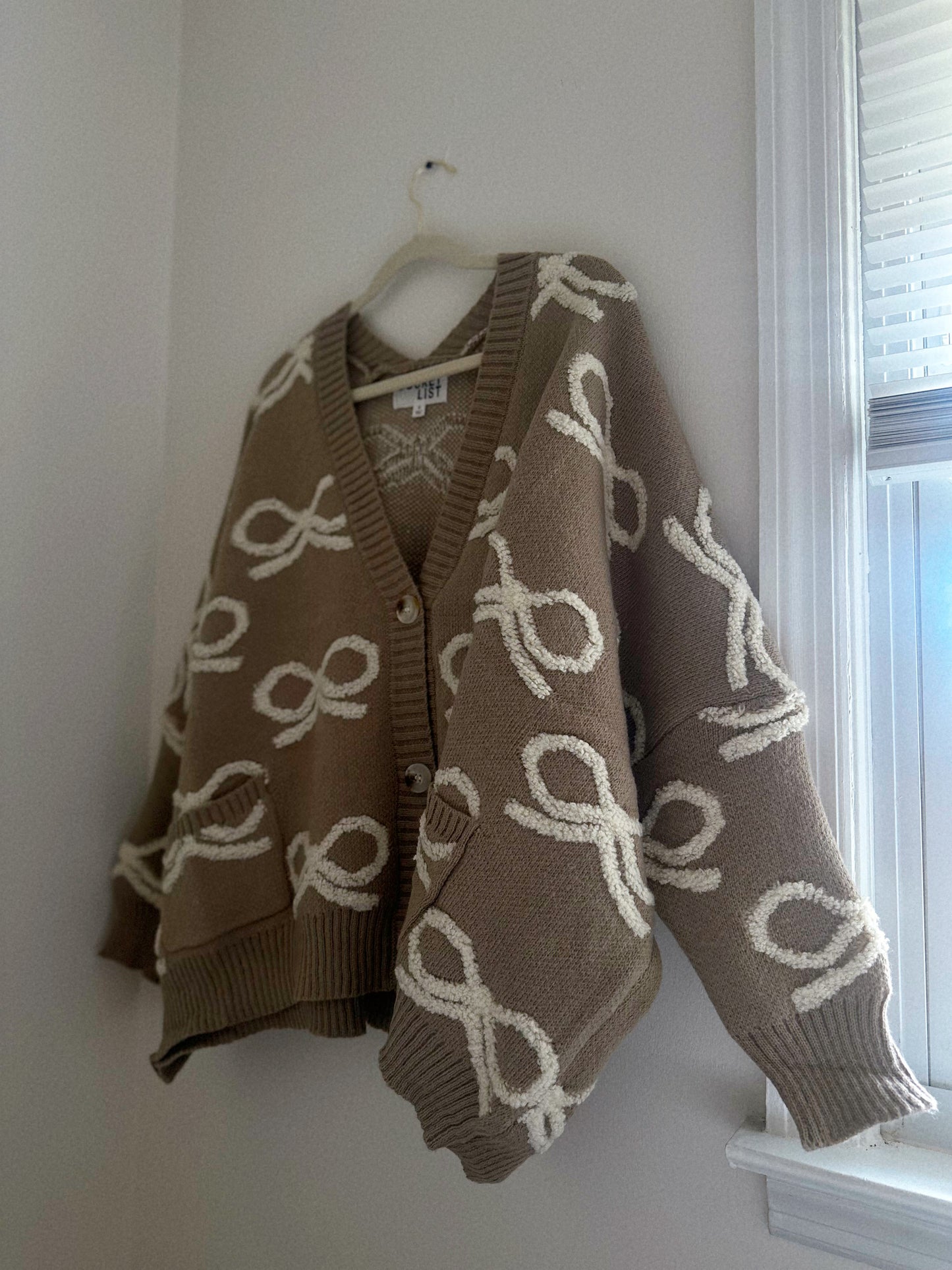 Simply Adorable Oversized Taupe + Cream Bow Cardigan