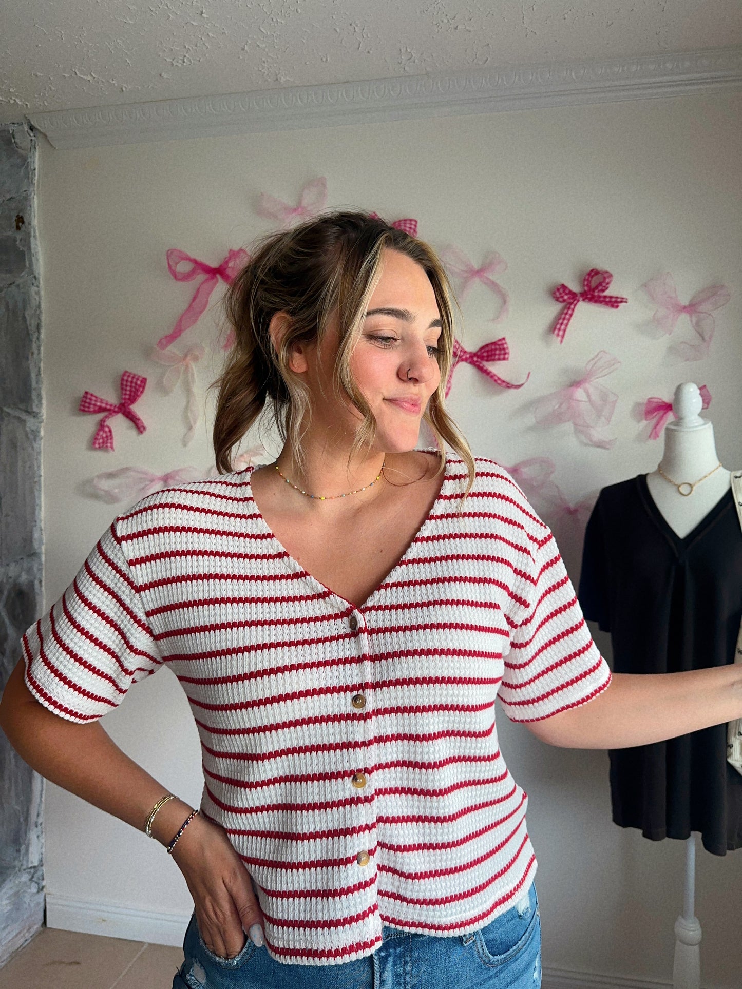 Stripes + Sips Red & White Blouse