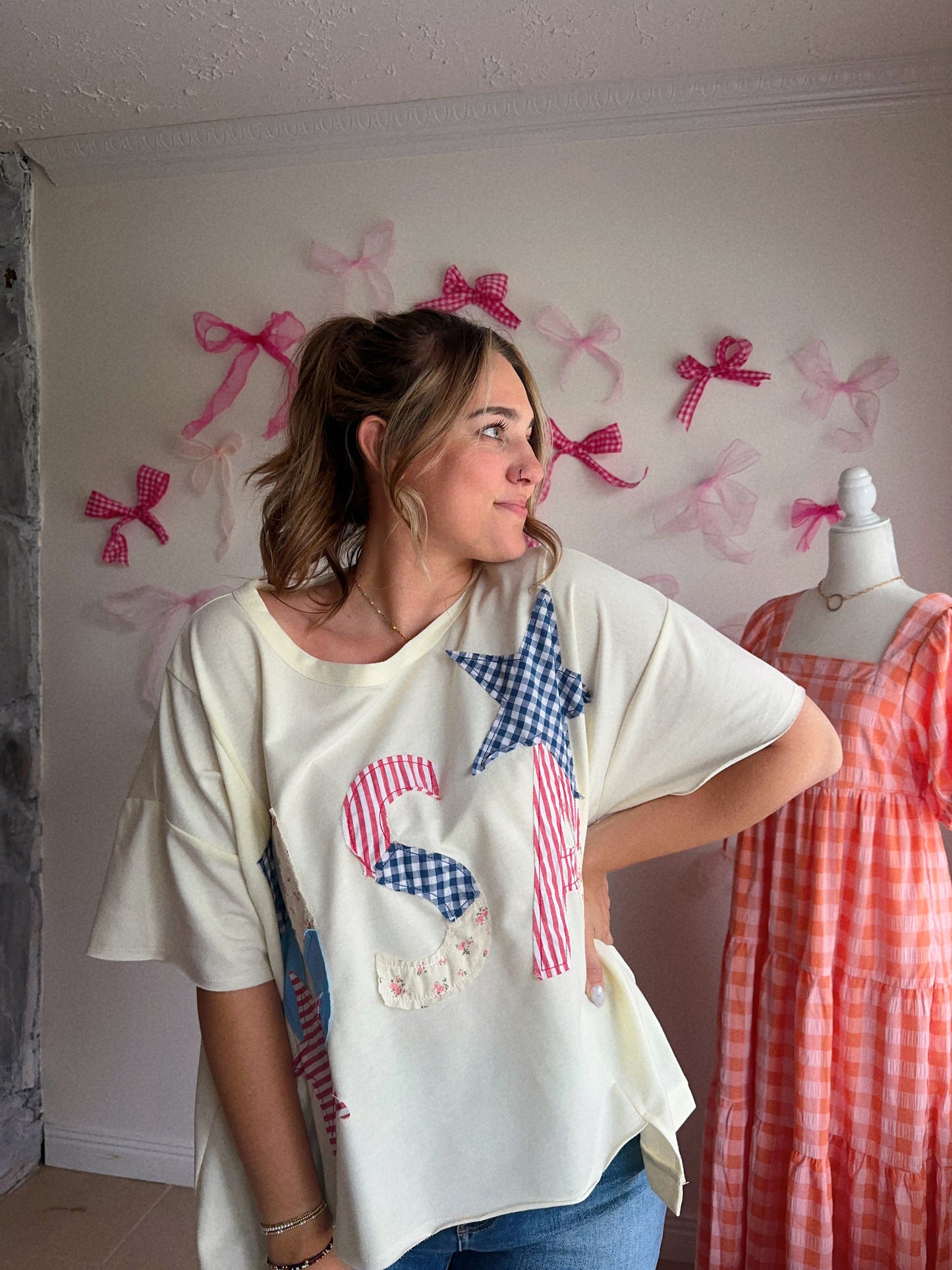 Born In The USA Cream Patchwork Tee