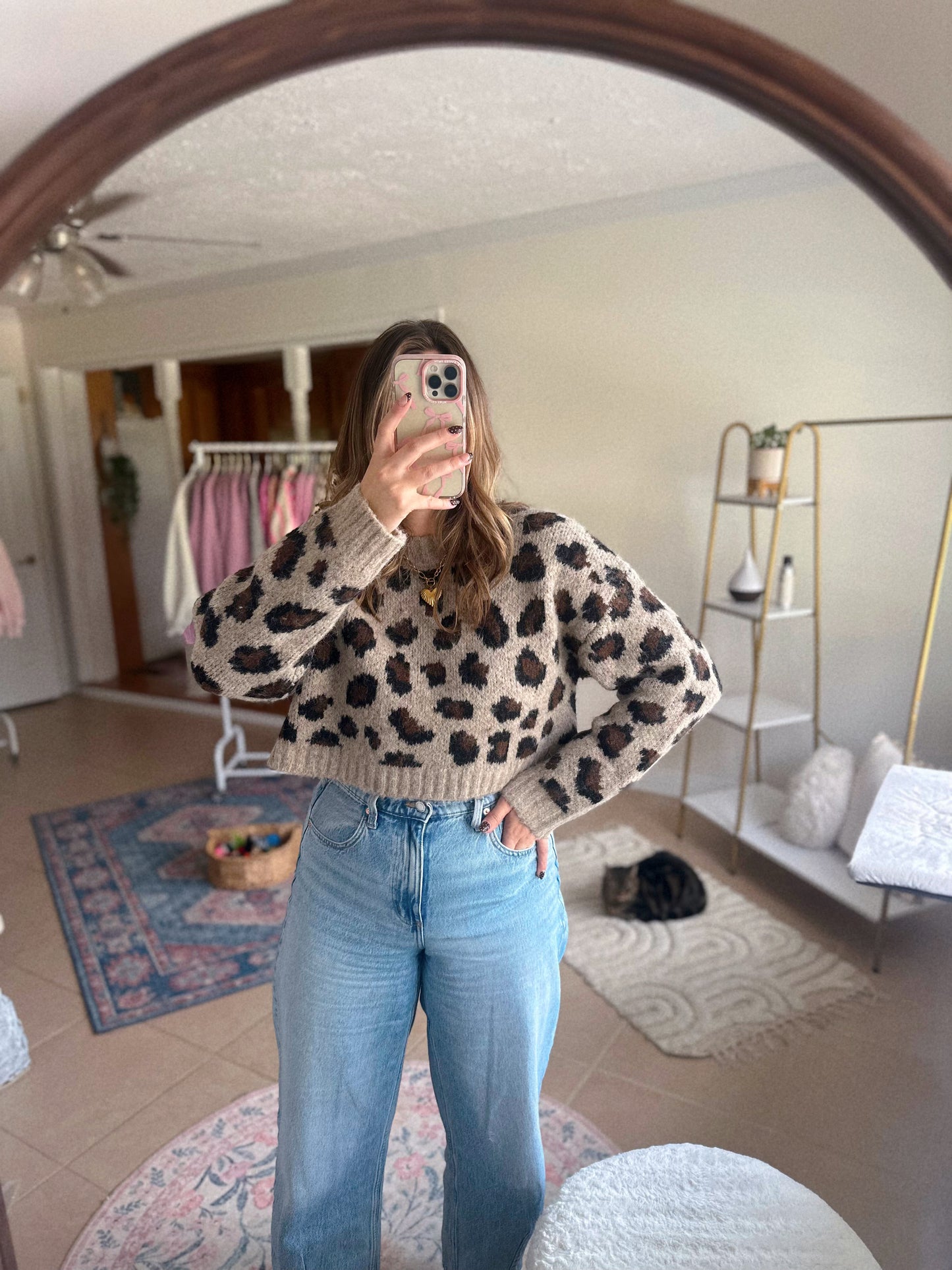 Conversation Starter Cropped Leopard Print Knit Sweater