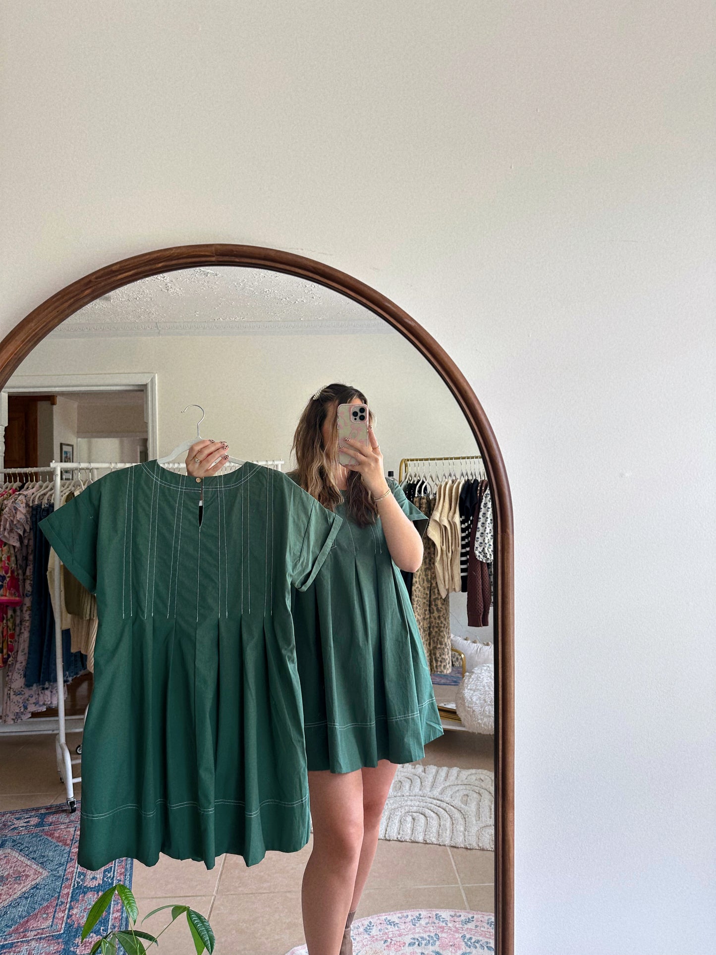 Falling Leaves Forest Green Mini Pleated Dress
