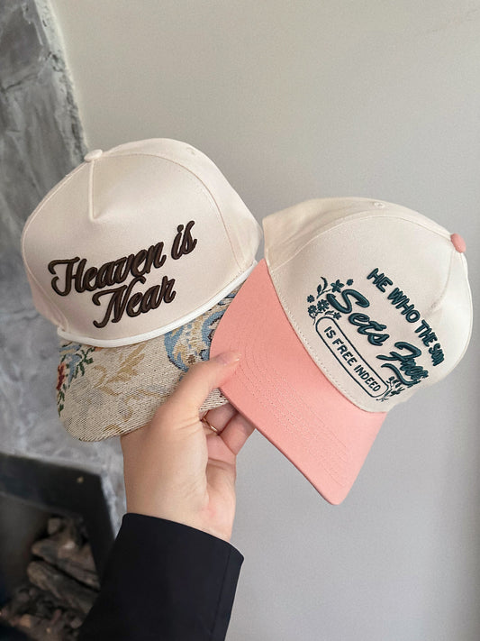 He Who The Son Sets Free Light Pink Trucker Hat