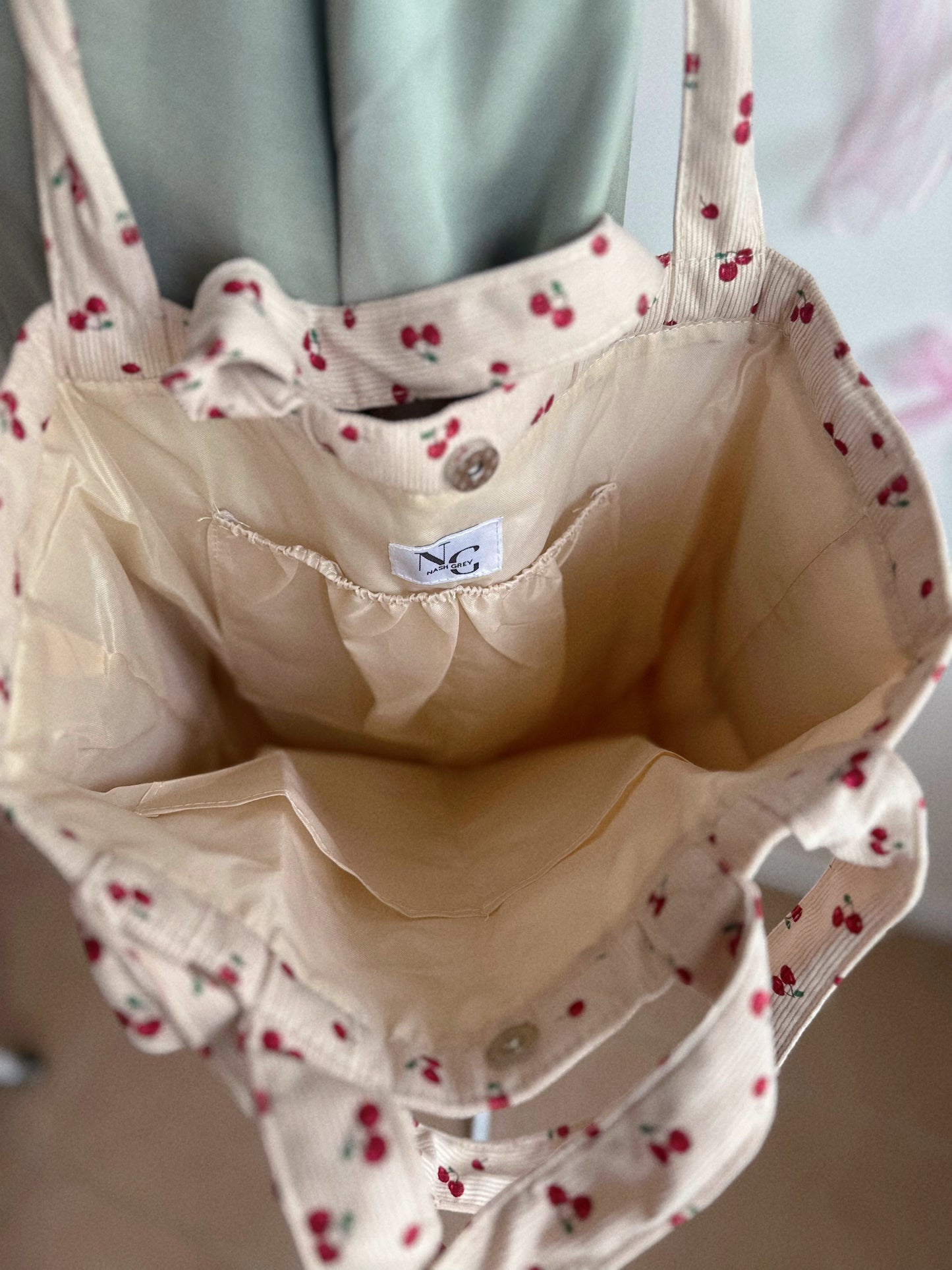 Cherry Obsessed Corduroy Tote Bag