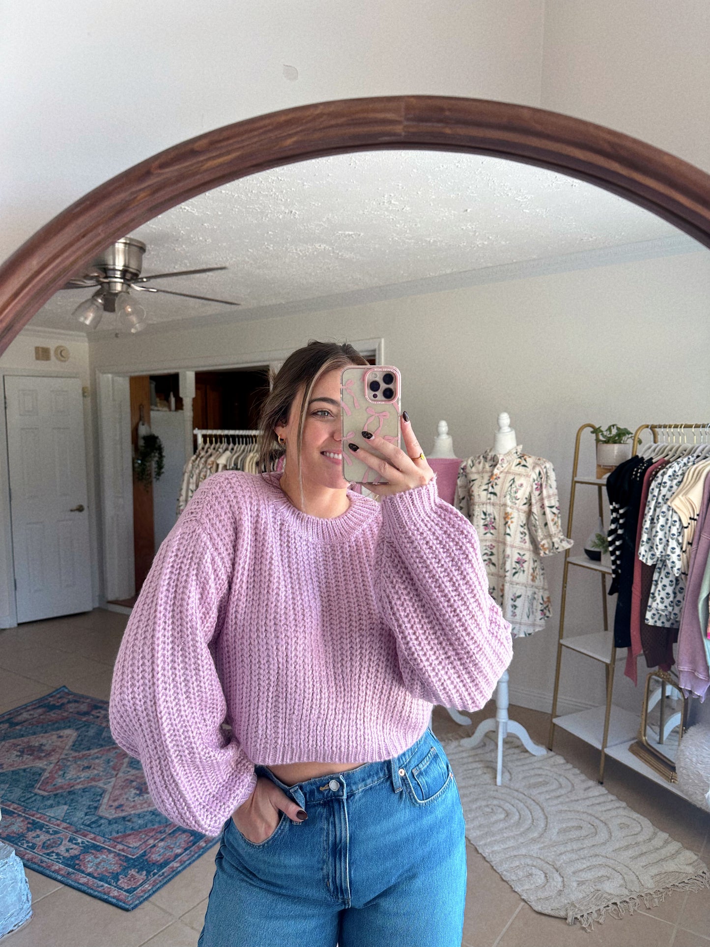Colorful Moment Cropped Knit Balloon Sleeve Sweater