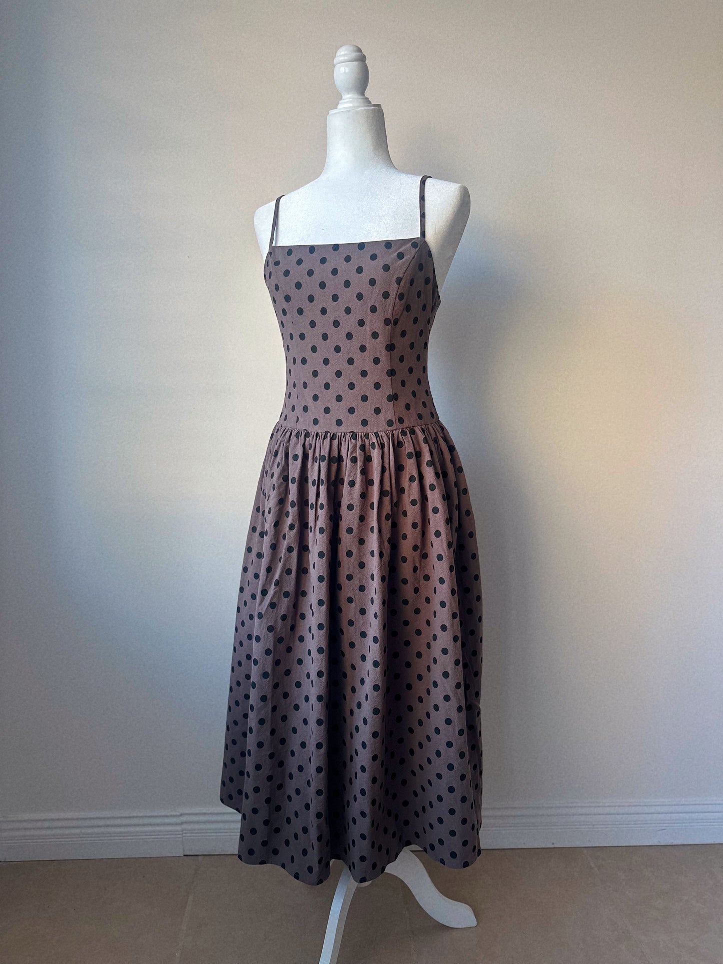 Mocha Muse Polka Dot Drop Waist Midi Dress