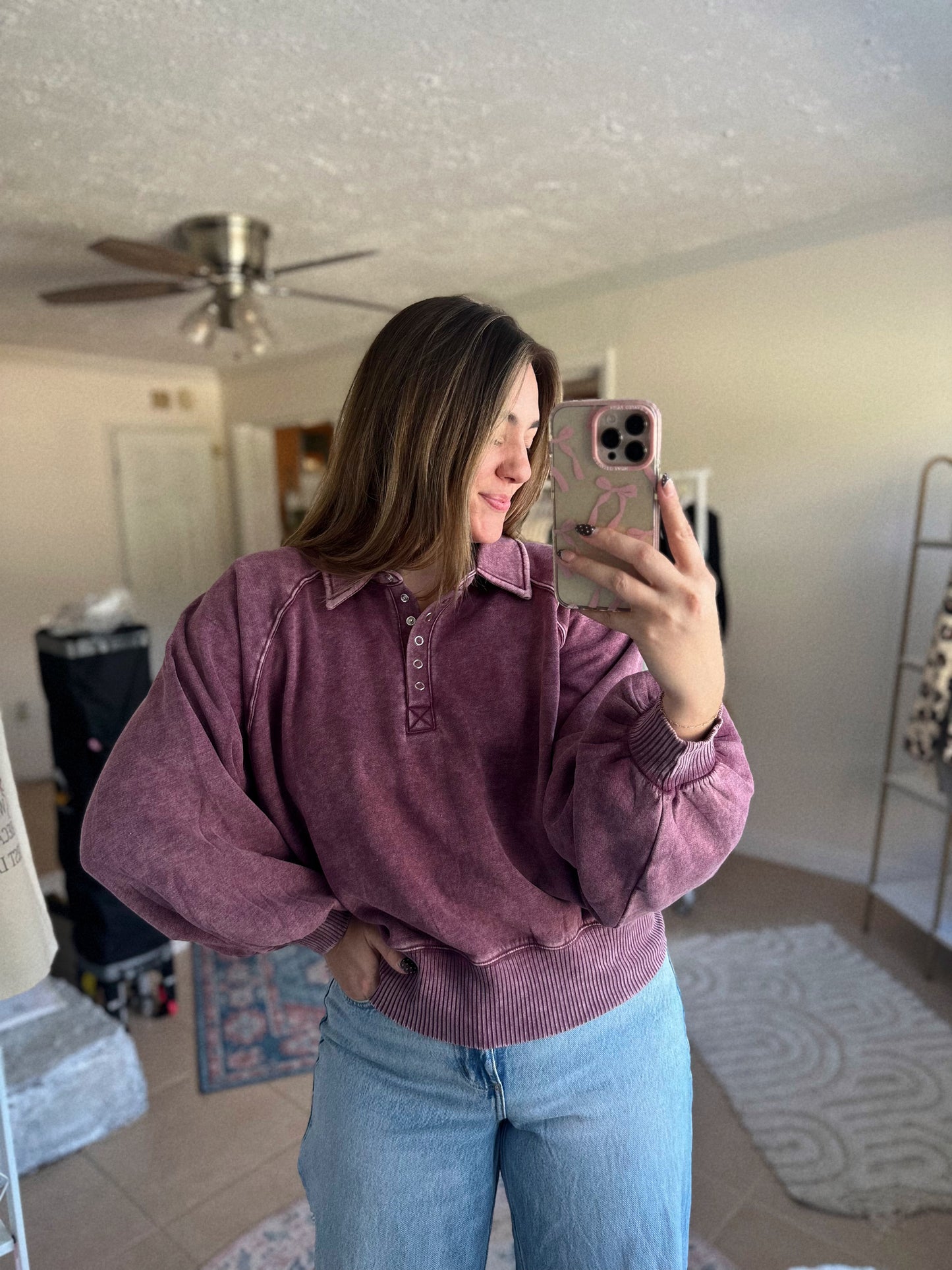 Dressing For Comfort Half Button Plum Pullover