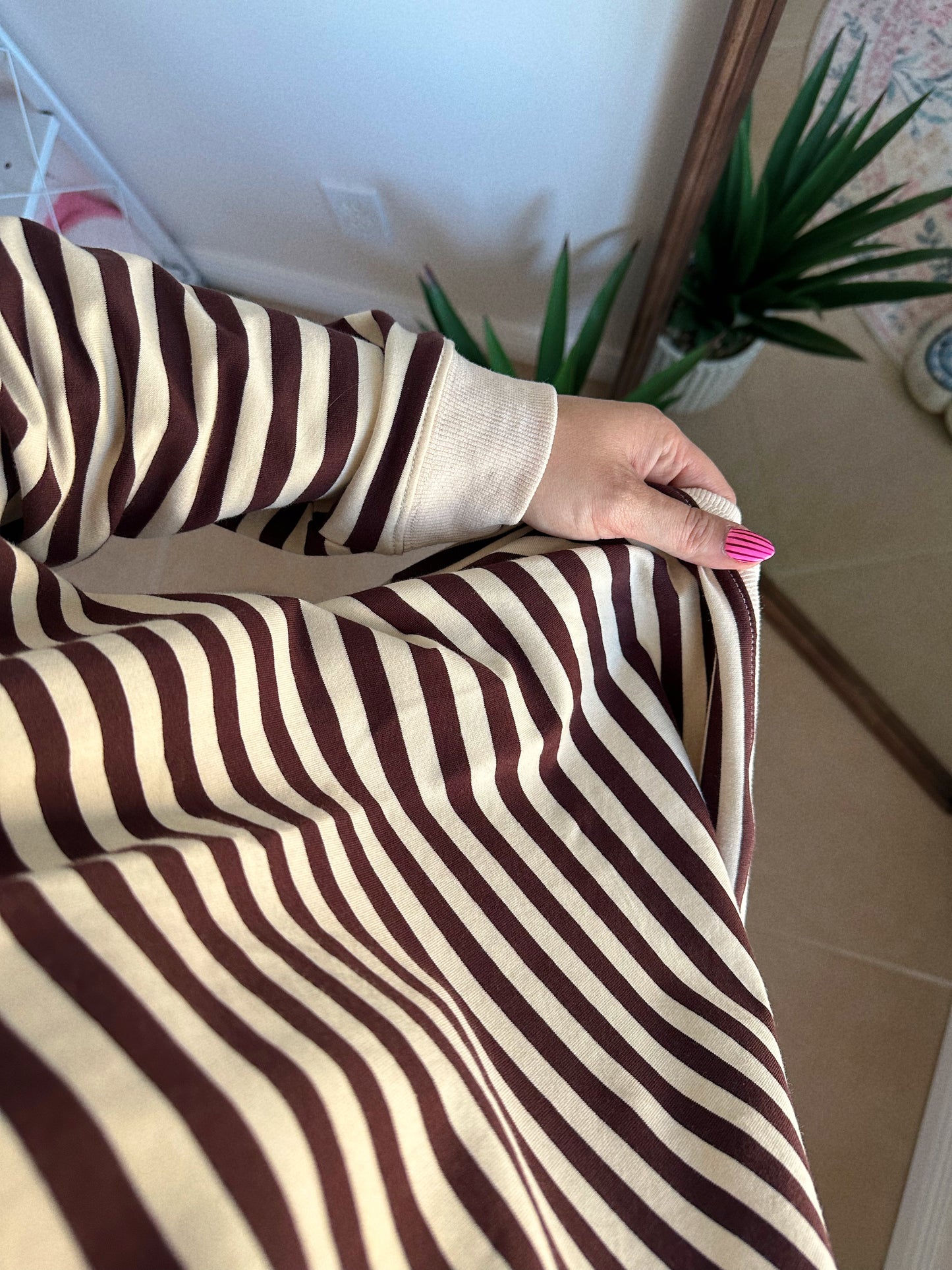 Let’s Grab Coffee Cotton Blend Brown Striped Pullover LAST CHANCE