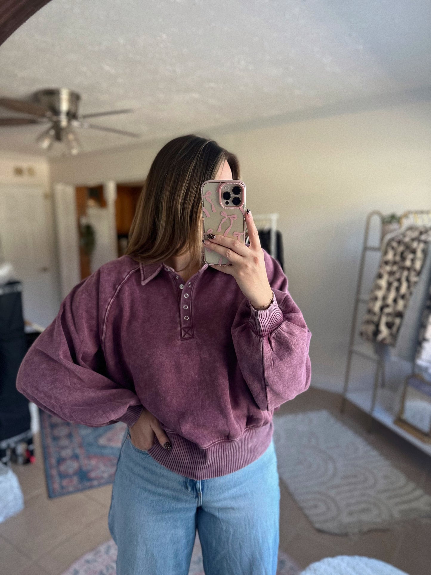 Dressing For Comfort Half Button Plum Pullover