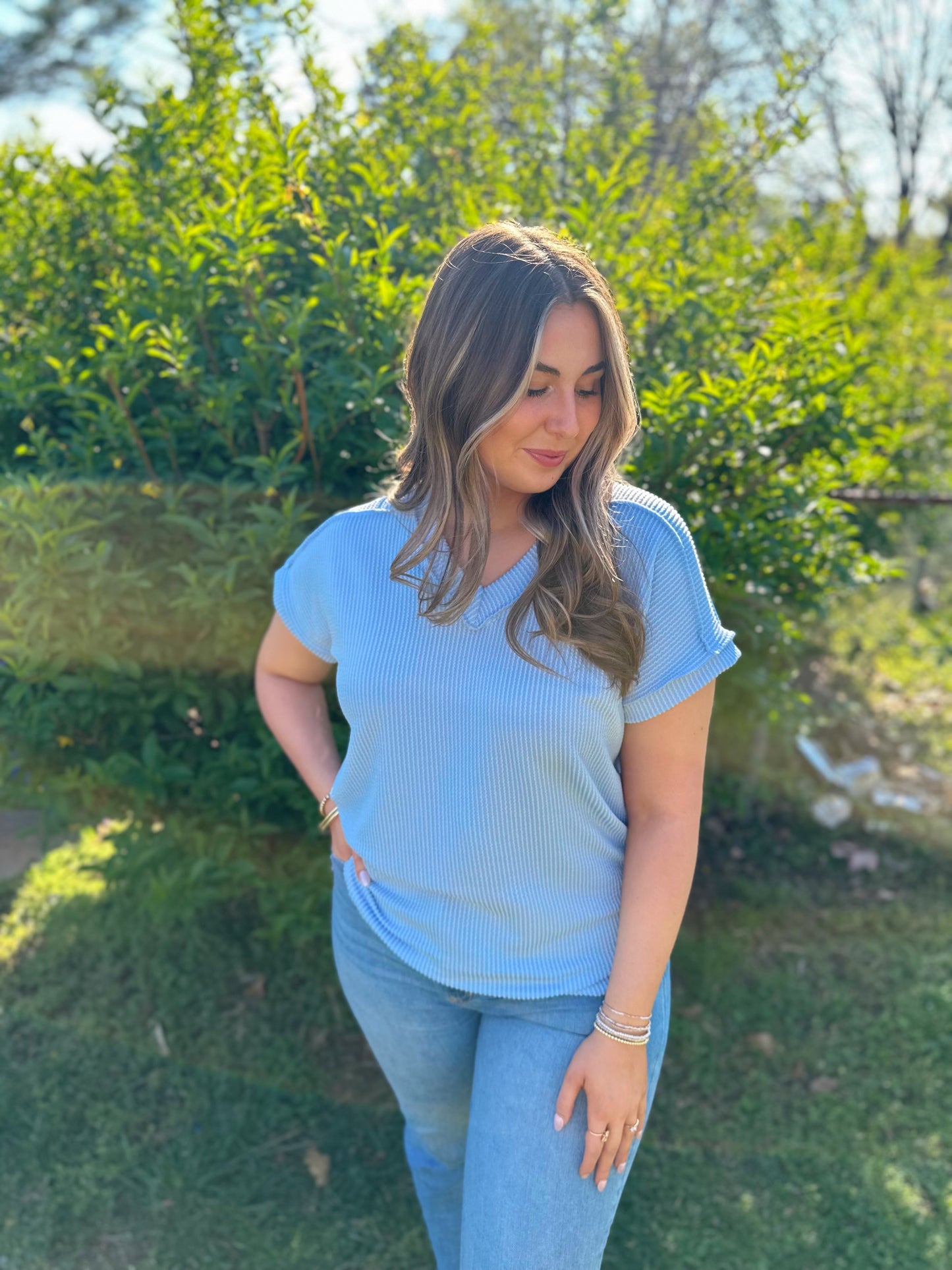 Head In The Clouds Light Blue Ribbed Top