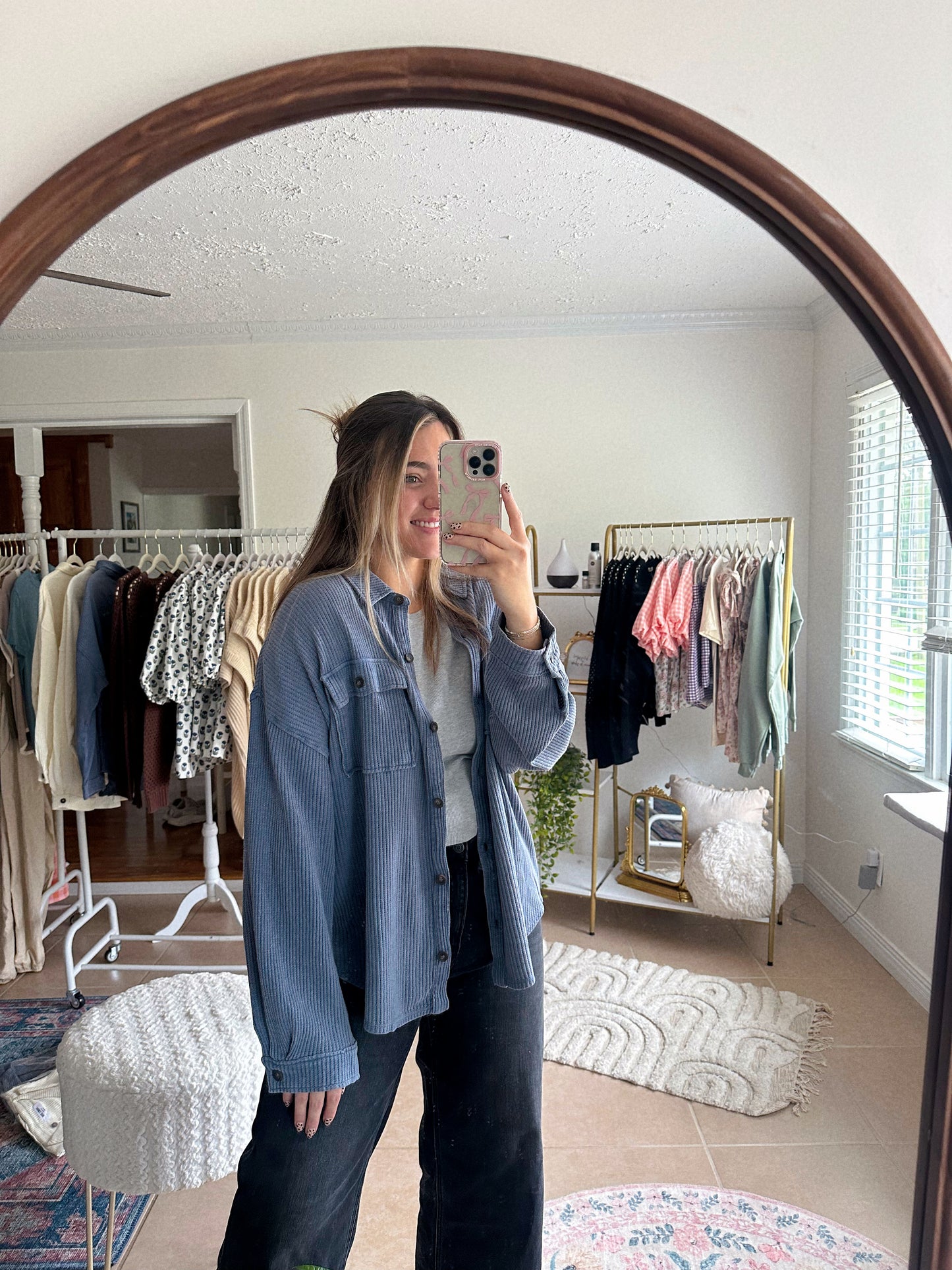 Linen Skies Dusty Blue Waffle Knit Shacket