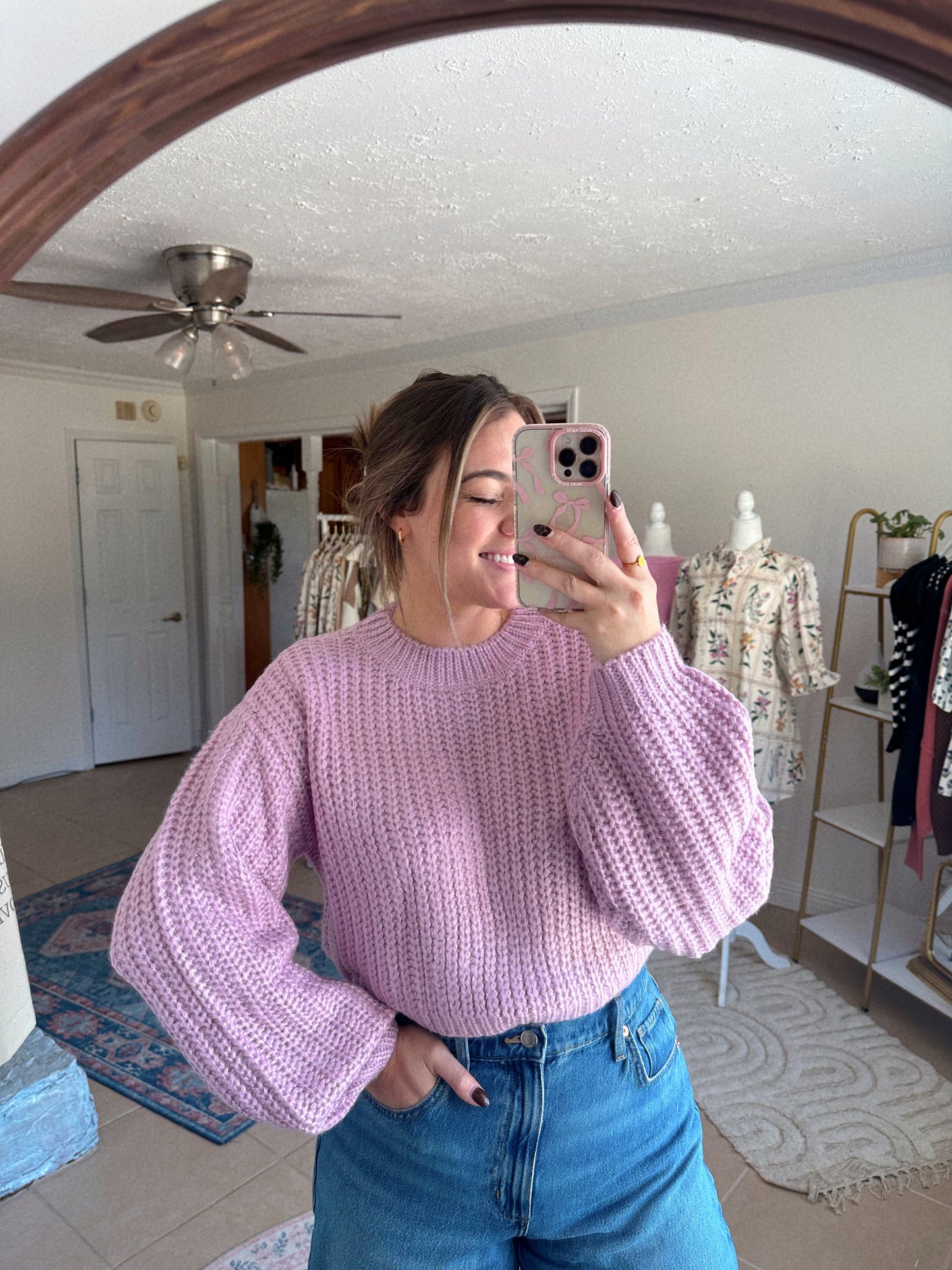 Colorful Moment Cropped Knit Balloon Sleeve Sweater