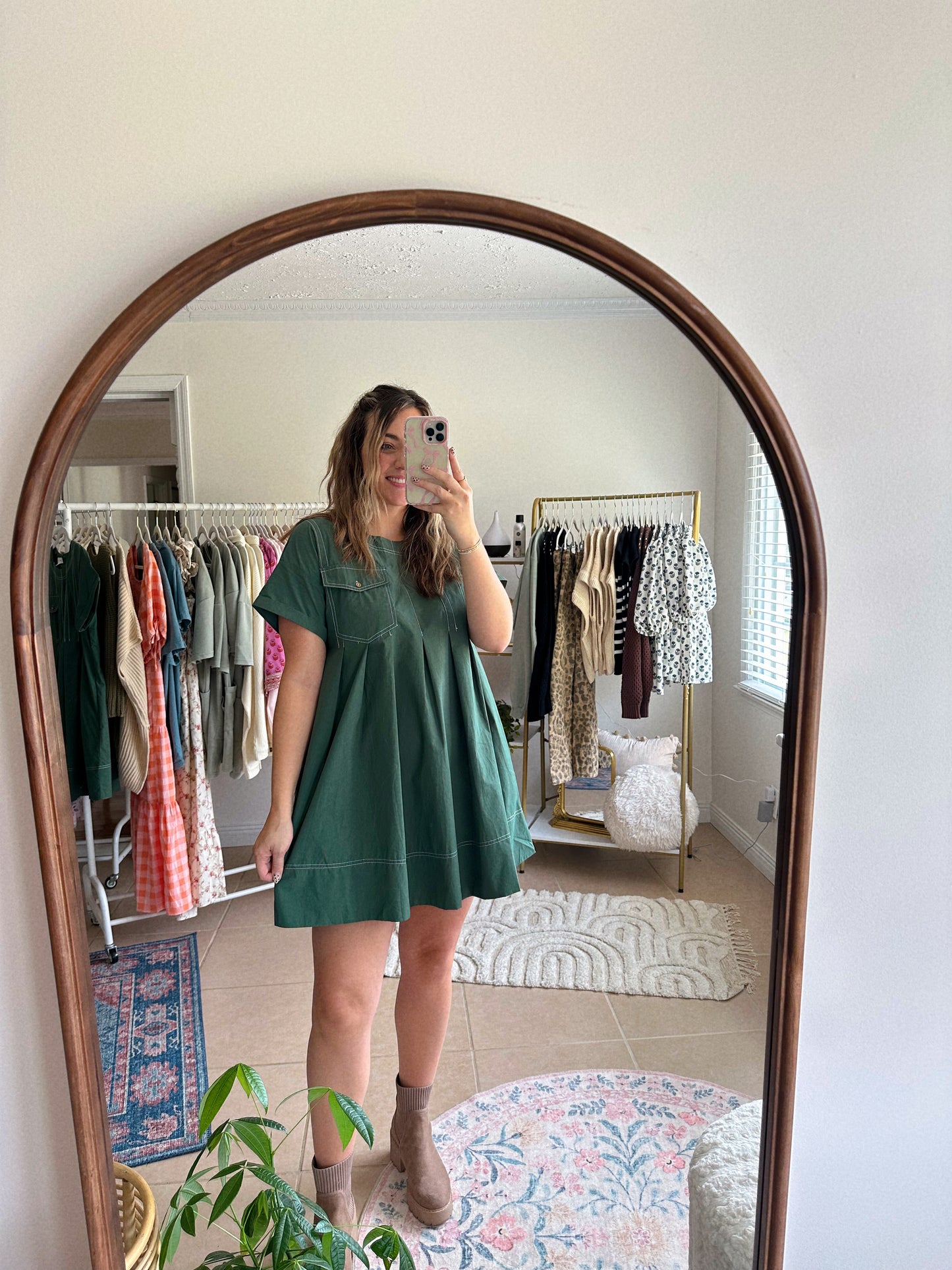 Falling Leaves Forest Green Mini Pleated Dress