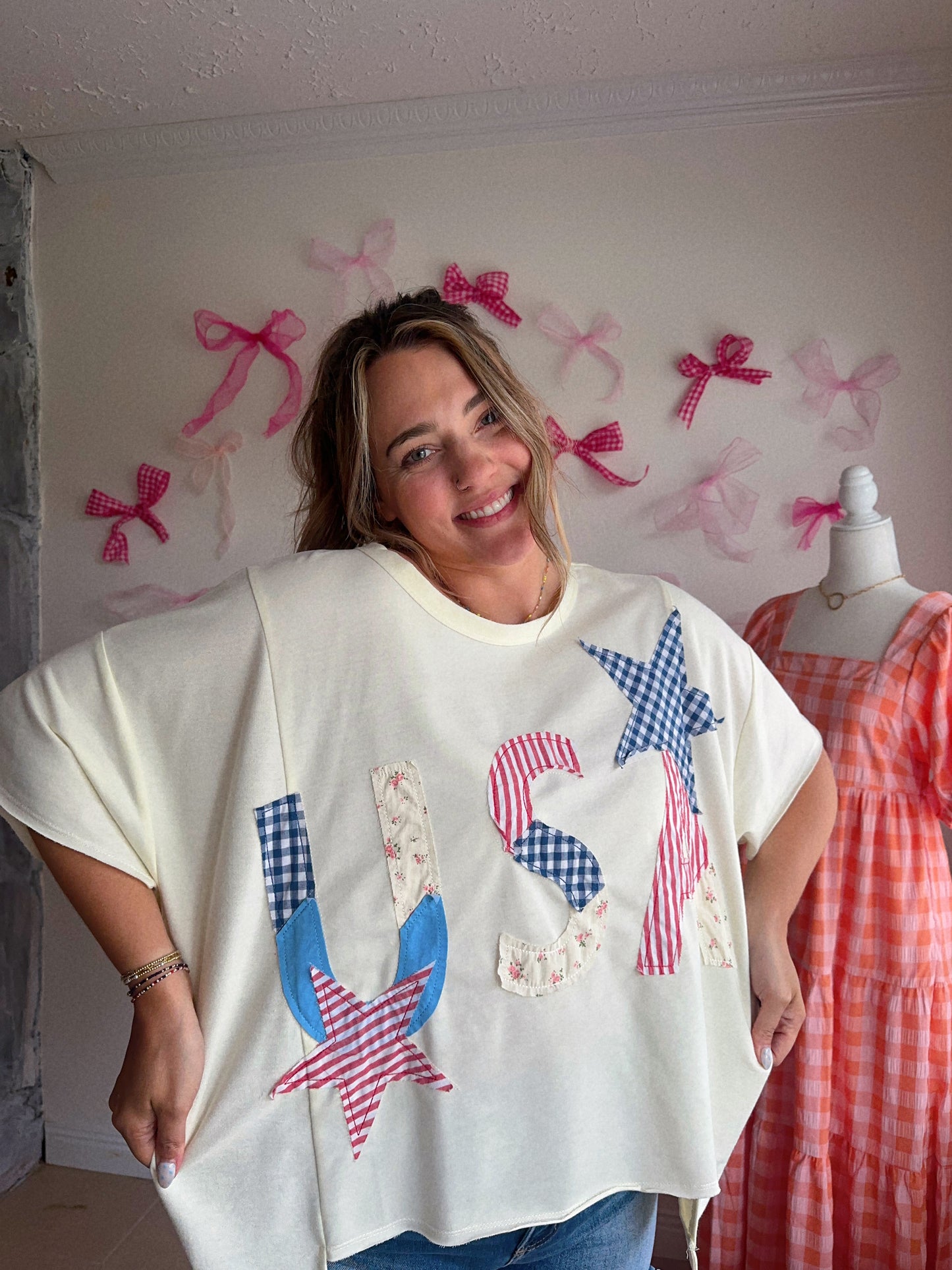 Born In The USA Cream Patchwork Tee