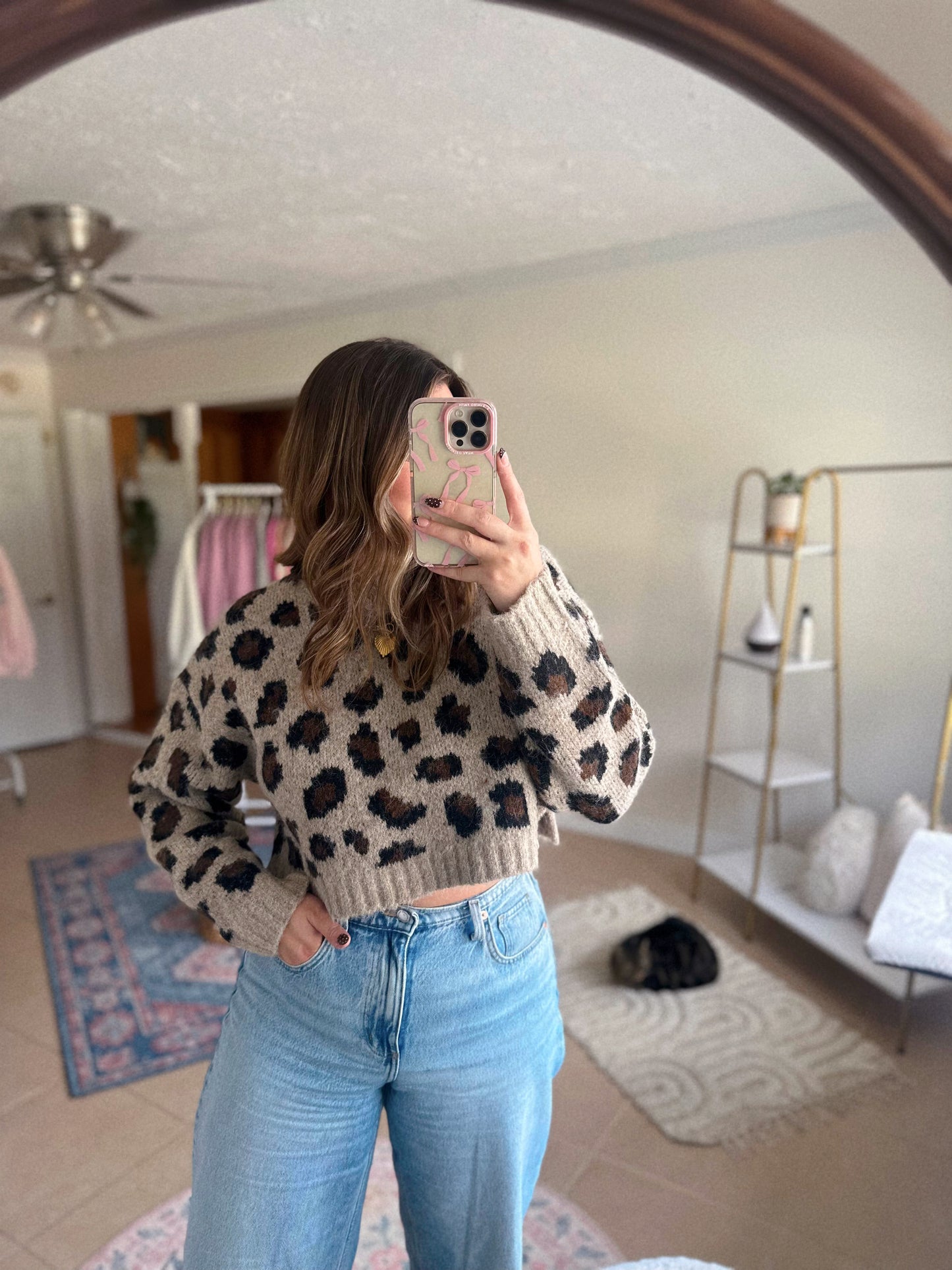 Conversation Starter Cropped Leopard Print Knit Sweater