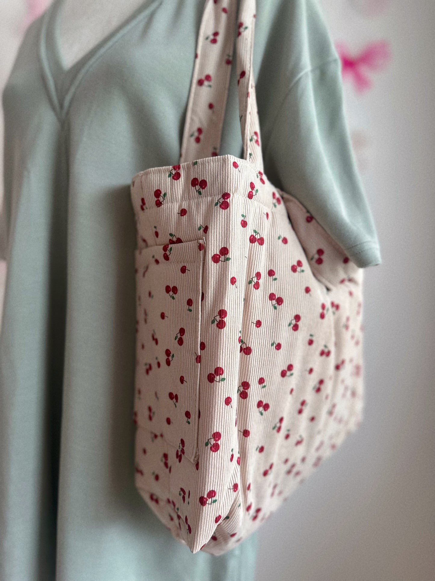 Cherry Obsessed Corduroy Tote Bag