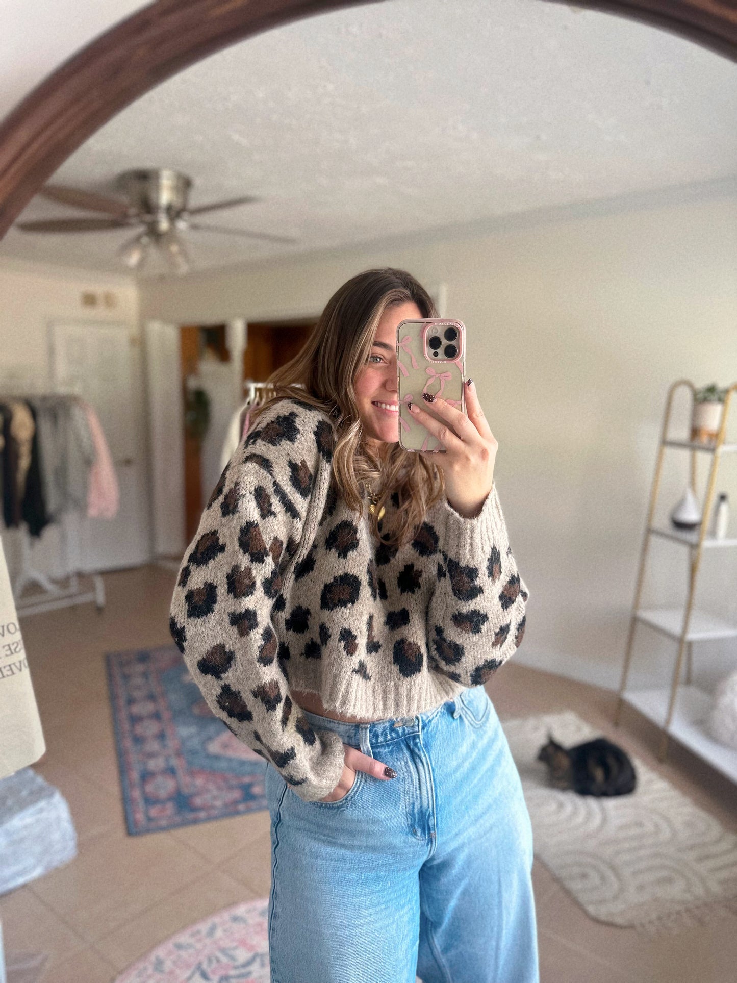 Conversation Starter Cropped Leopard Print Knit Sweater