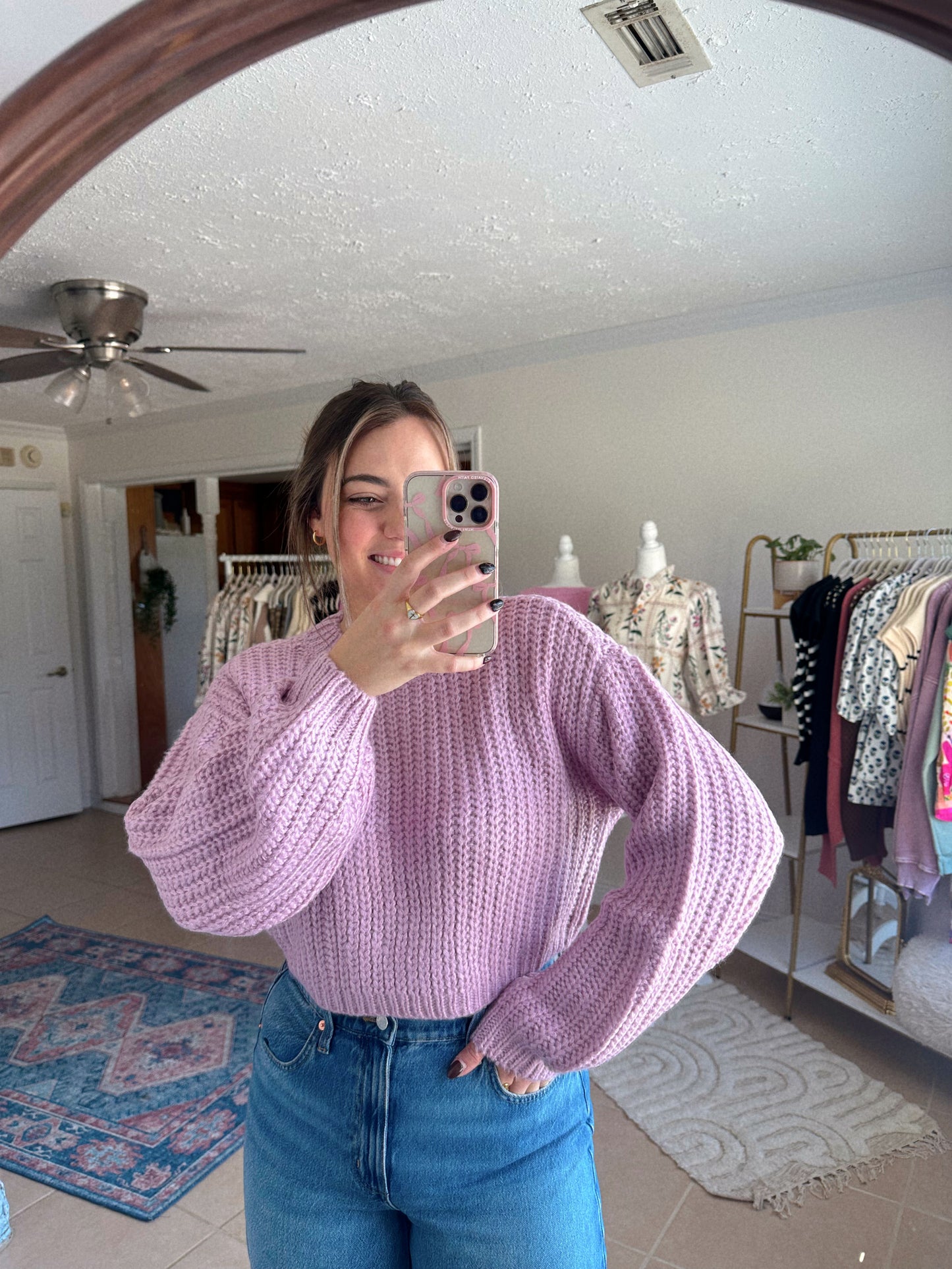 Colorful Moment Cropped Knit Balloon Sleeve Sweater