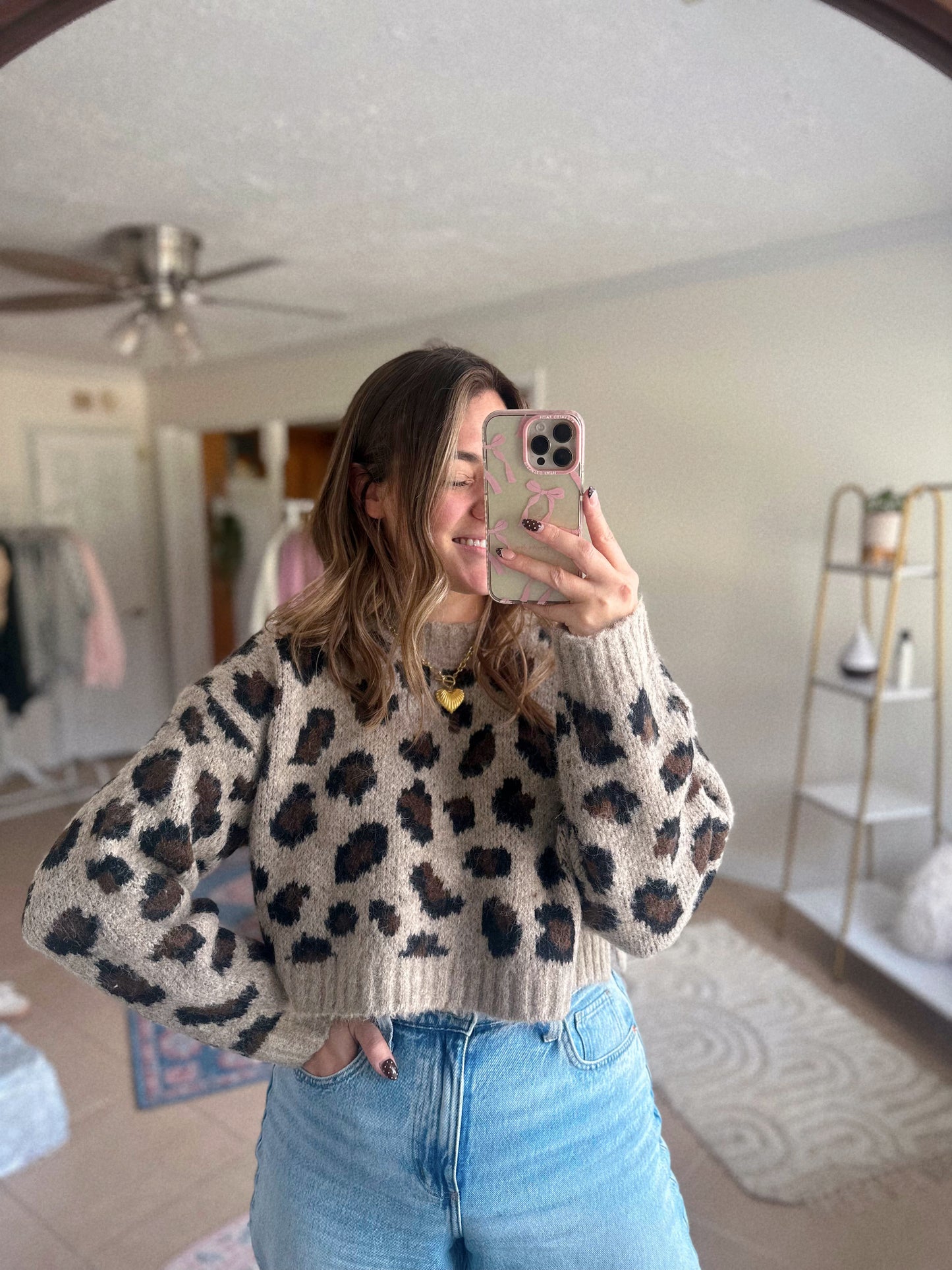 Conversation Starter Cropped Leopard Print Knit Sweater