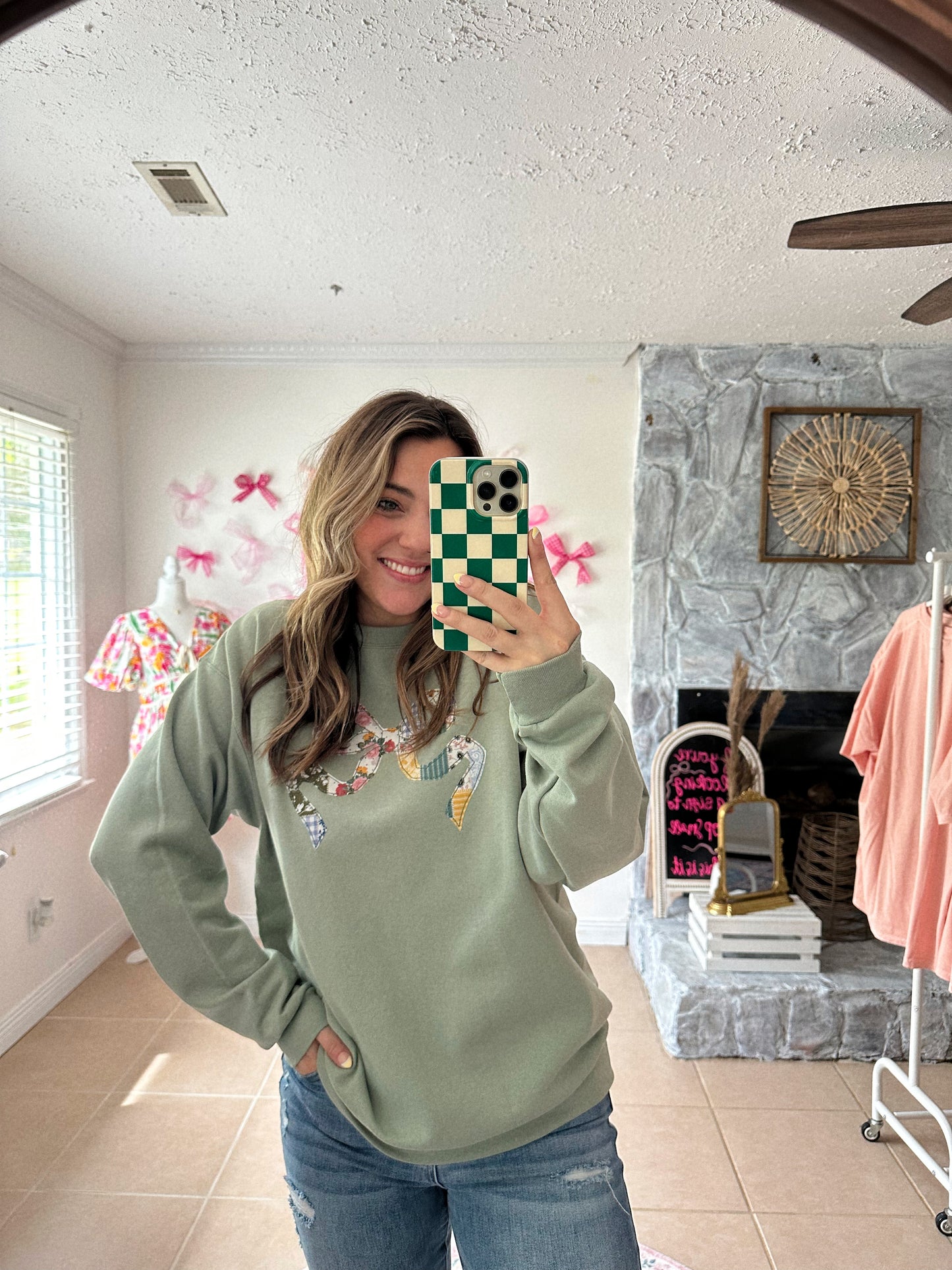 Southern As Can Be Sage Green Patched Bow Embroidered Sweatshirt