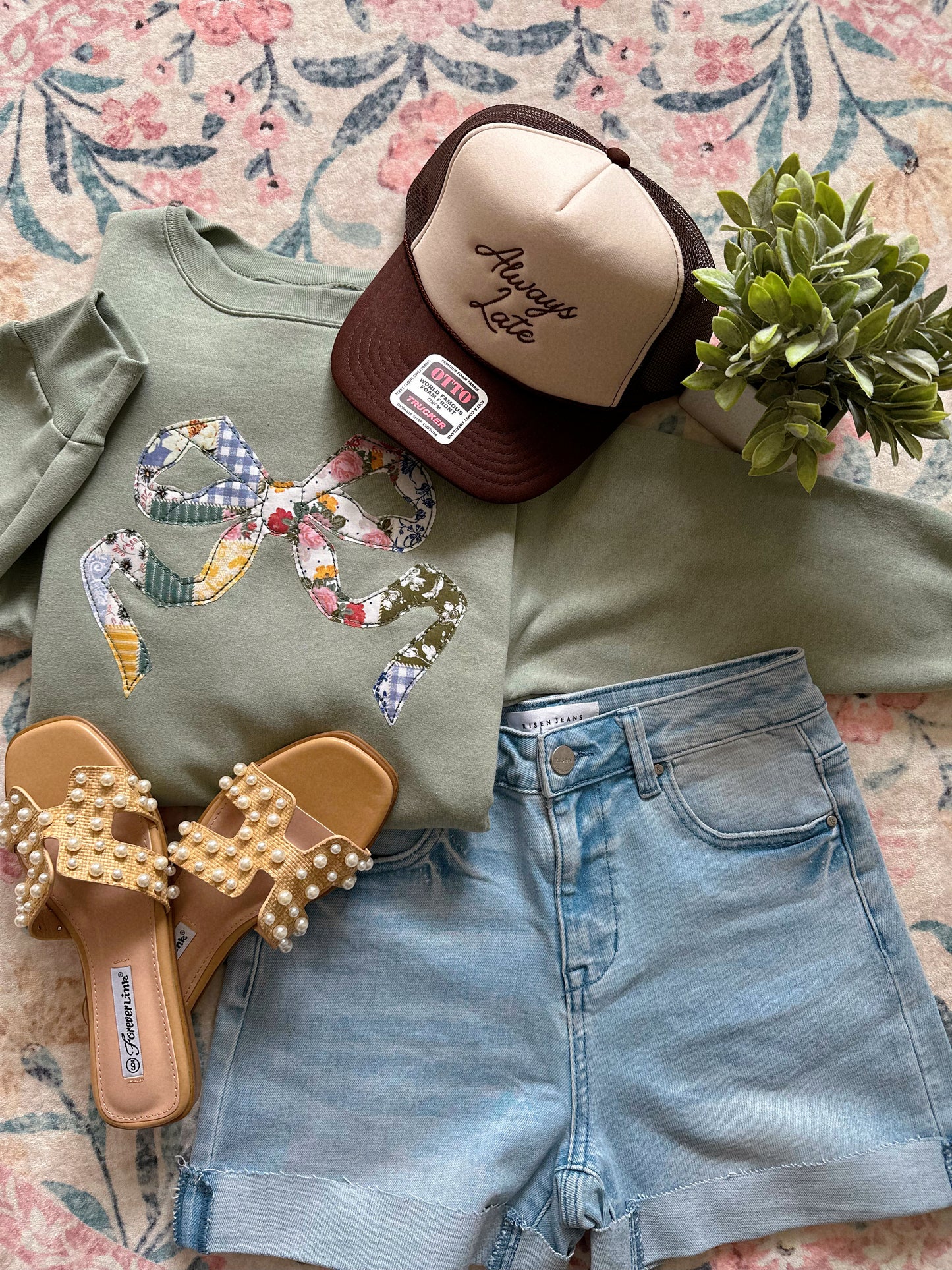 Southern As Can Be Sage Green Patched Bow Embroidered Sweatshirt