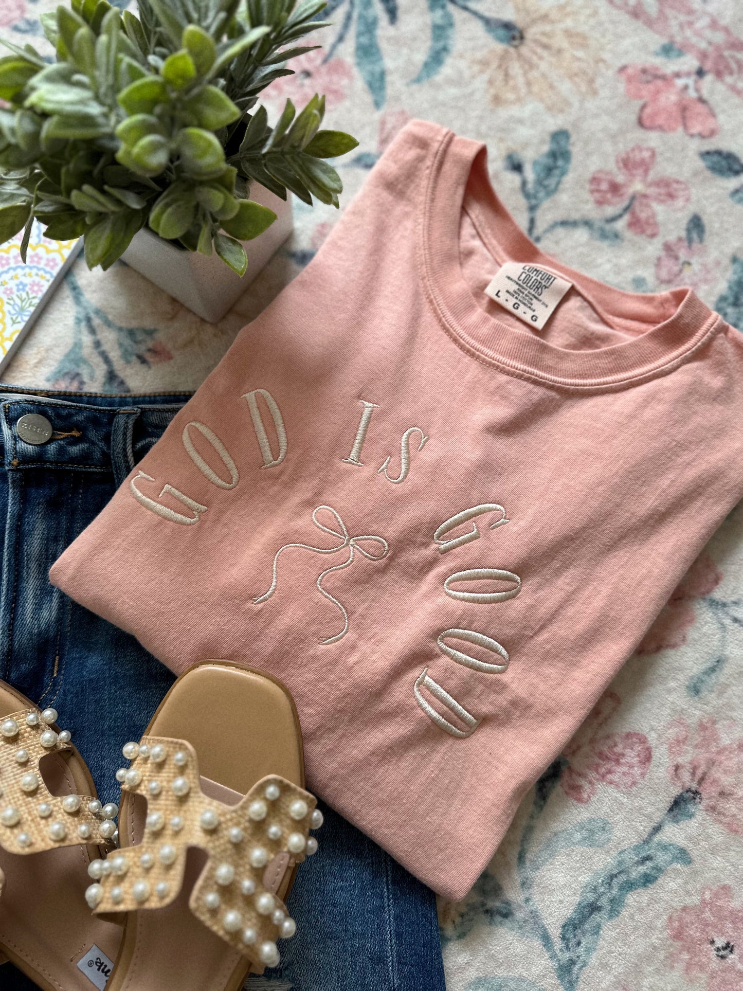 Embroidered God Is Good Bow Comfort Color Tee - LAST CHANCE SALE