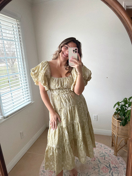 The Light Sage Lullaby Embroidered Midi Dress