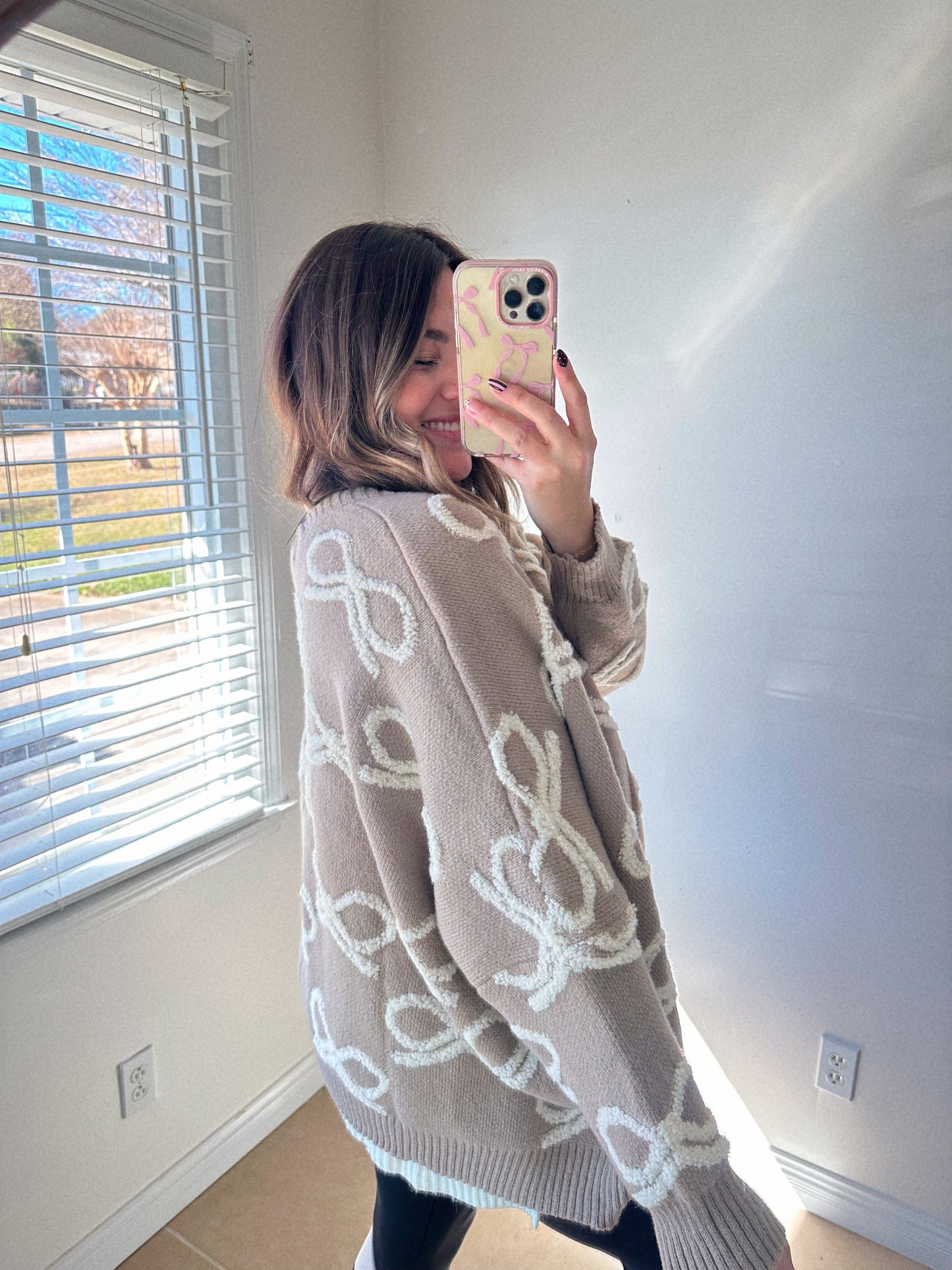 Simply Adorable Oversized Taupe + Cream Bow Cardigan