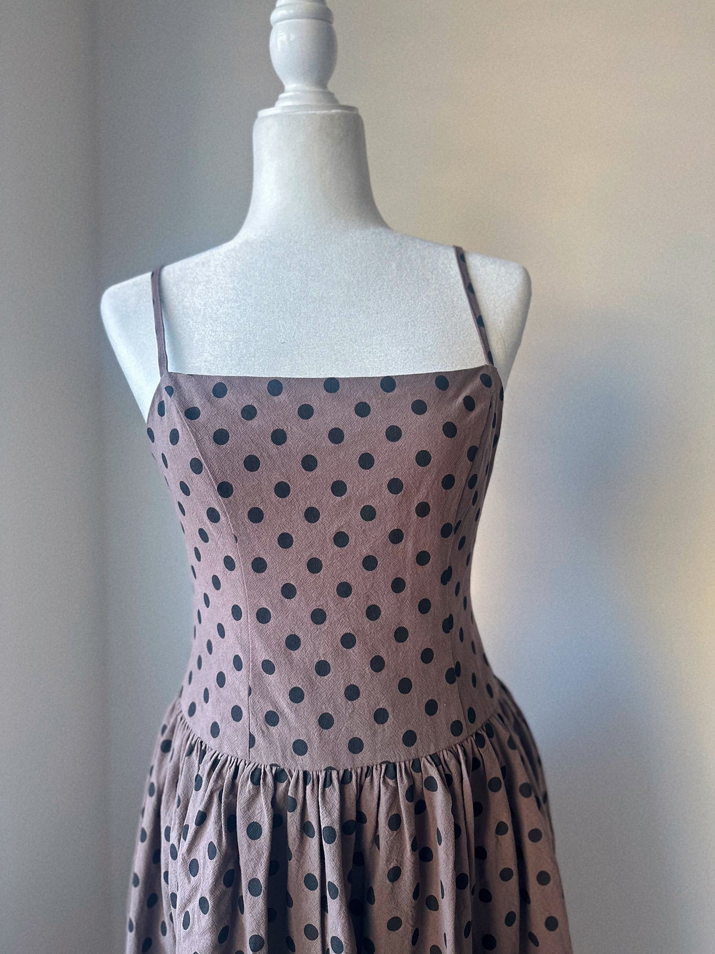 Mocha Muse Polka Dot Drop Waist Midi Dress