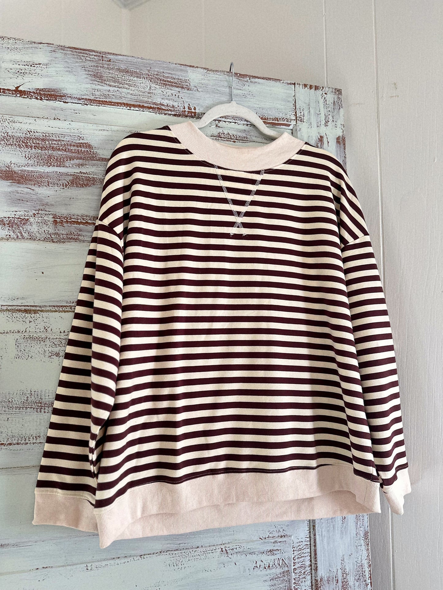 Let’s Grab Coffee Cotton Blend Brown Striped Pullover LAST CHANCE