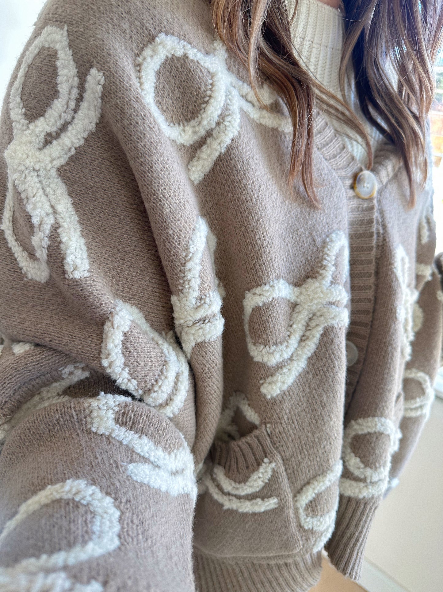Simply Adorable Oversized Taupe + Cream Bow Cardigan