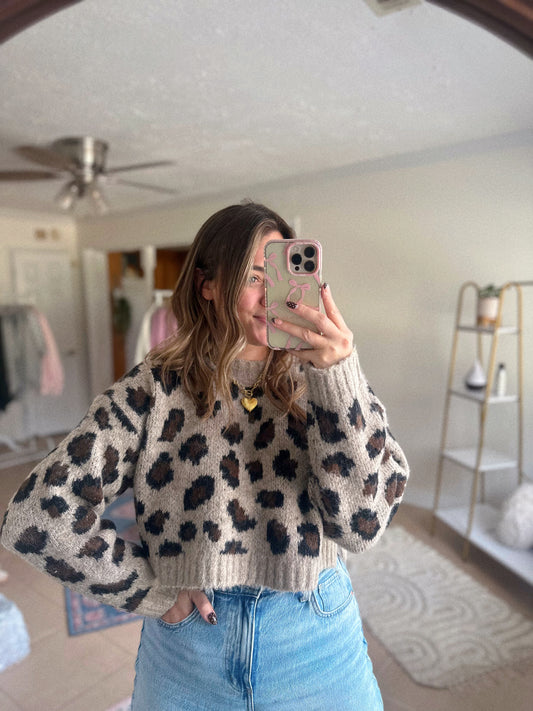 Conversation Starter Cropped Leopard Print Knit Sweater
