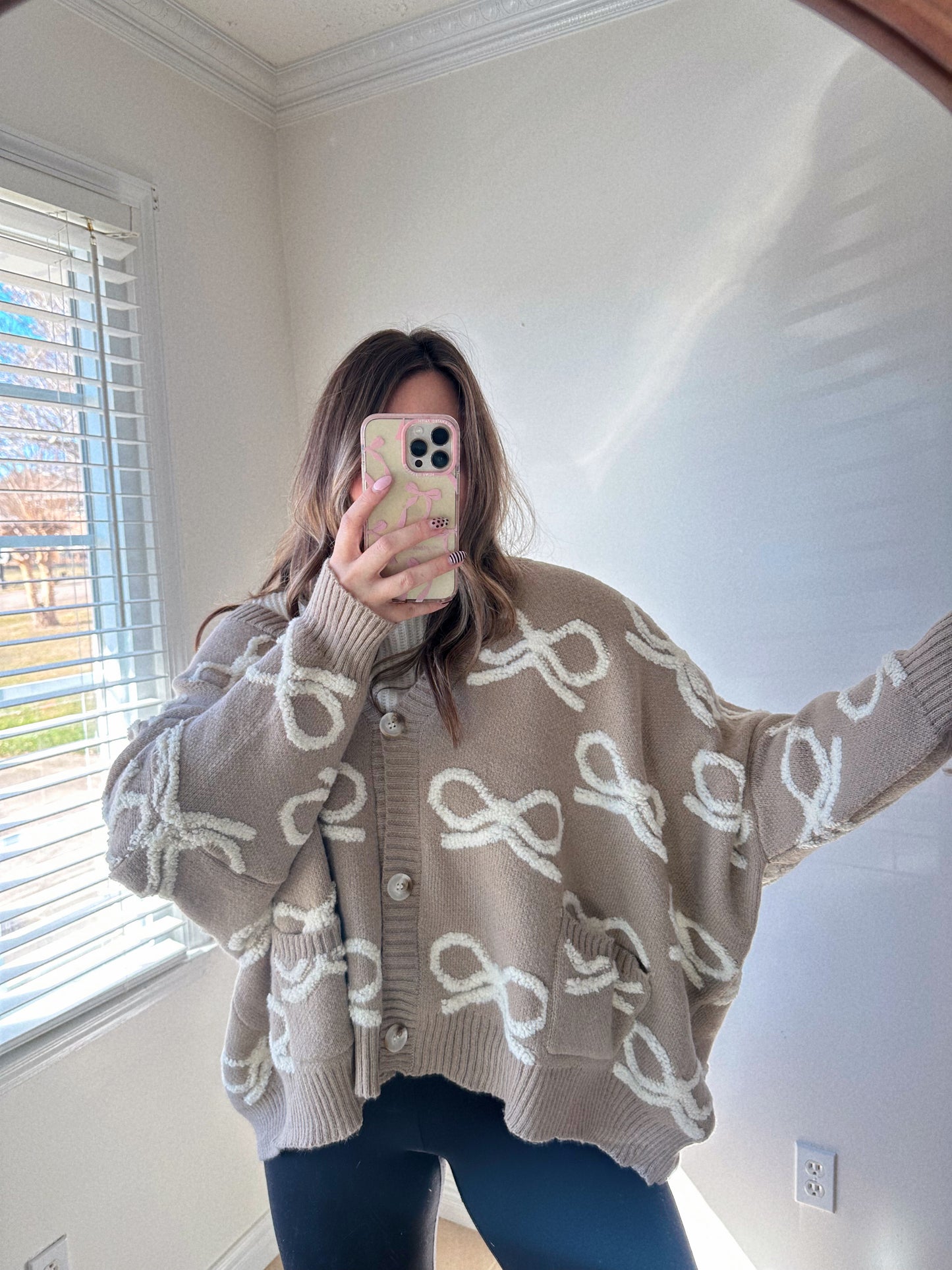 Simply Adorable Oversized Taupe + Cream Bow Cardigan