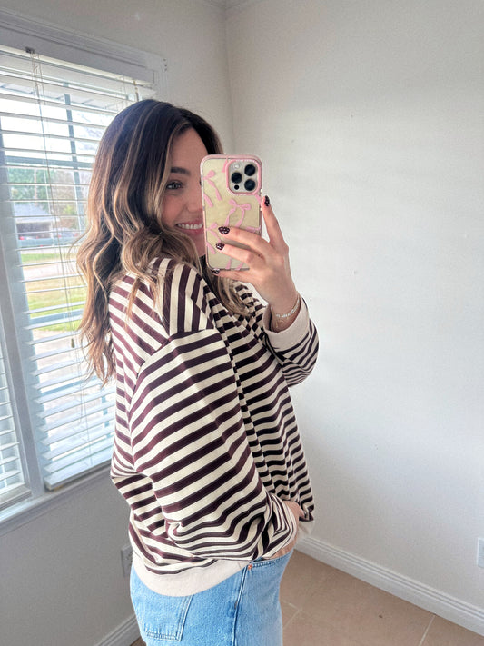 Let’s Grab Coffee Cotton Blend Brown Striped Pullover LAST CHANCE