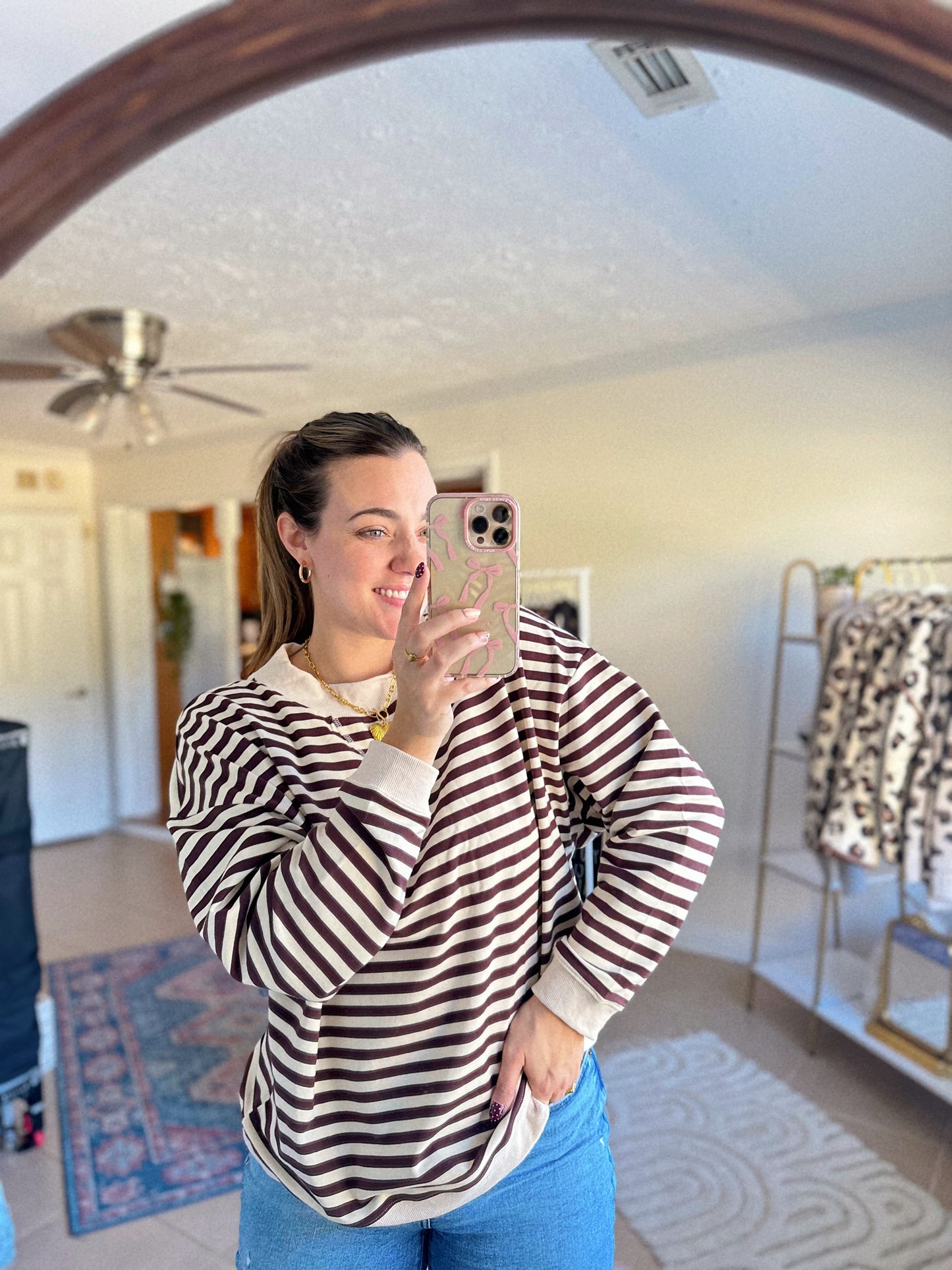 Let’s Grab Coffee Cotton Blend Brown Striped Pullover LAST CHANCE