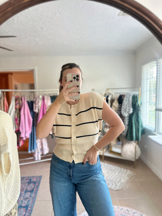 Ever So Sweet Striped Button Down Sweater Vest Top