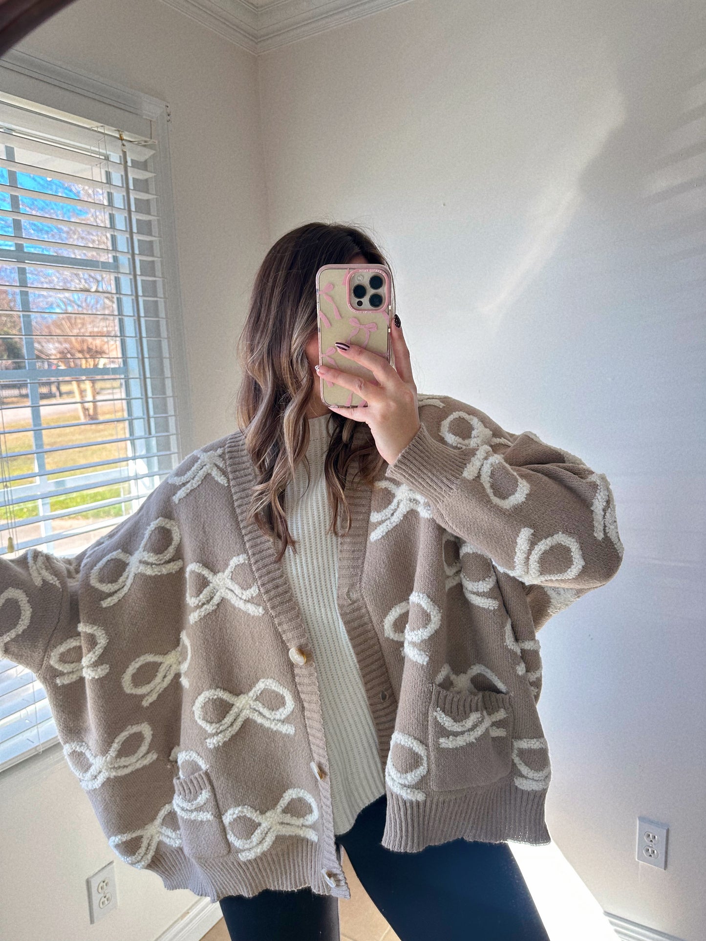 Simply Adorable Oversized Taupe + Cream Bow Cardigan