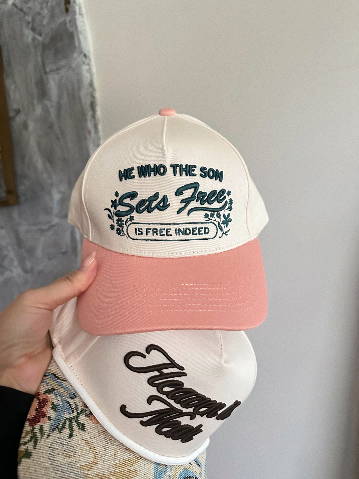 He Who The Son Sets Free Light Pink Trucker Hat