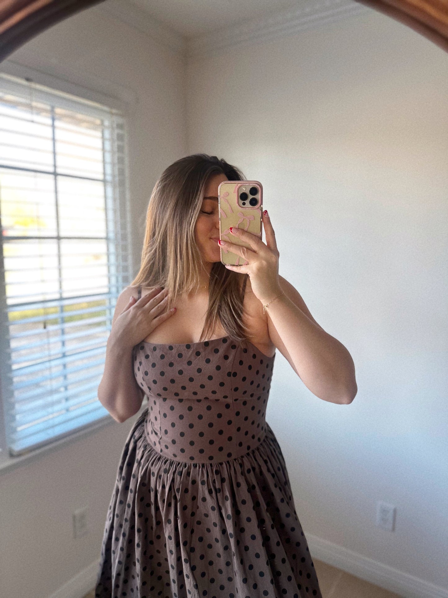 Mocha Muse Polka Dot Drop Waist Midi Dress