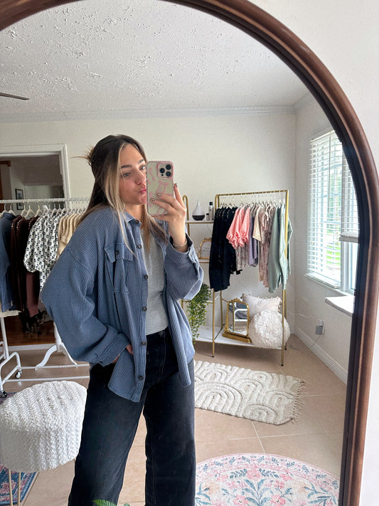 Linen Skies Dusty Blue Waffle Knit Shacket