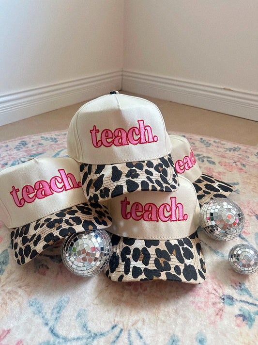 Teach Leopard Print Embroidered Trucker Hat