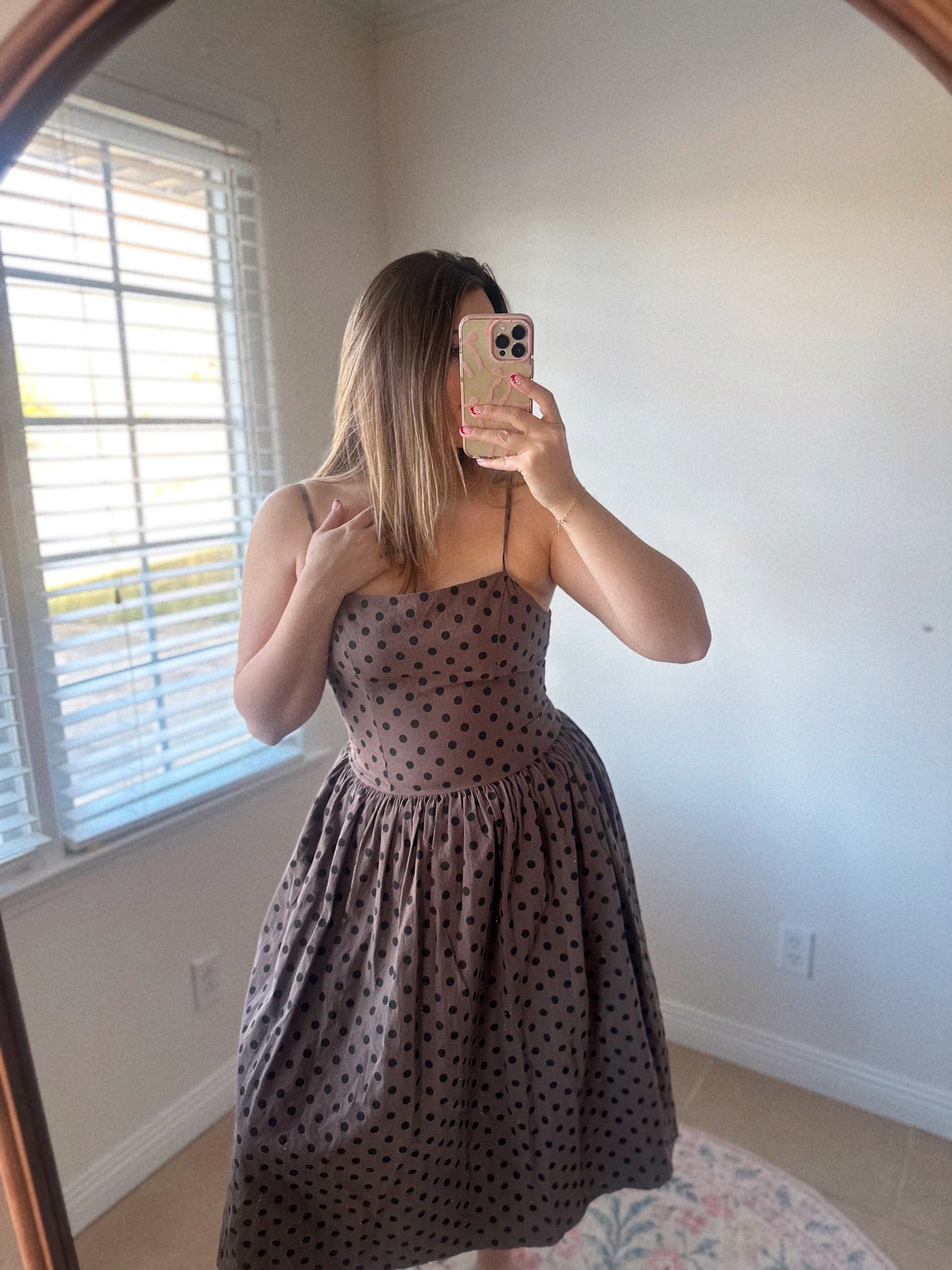 Mocha Muse Polka Dot Drop Waist Midi Dress