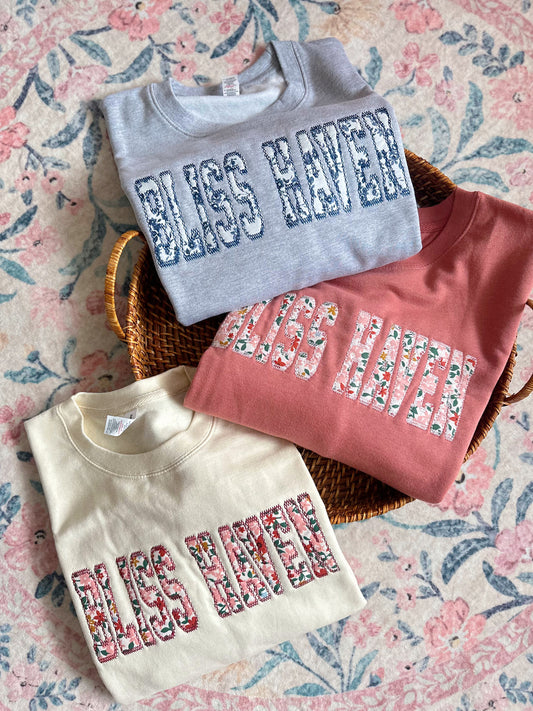 PREORDER ‘Bliss Haven’ Embroidered Patchwork Sweatshirt {Closes Aug. 5th @ 11:59PM}