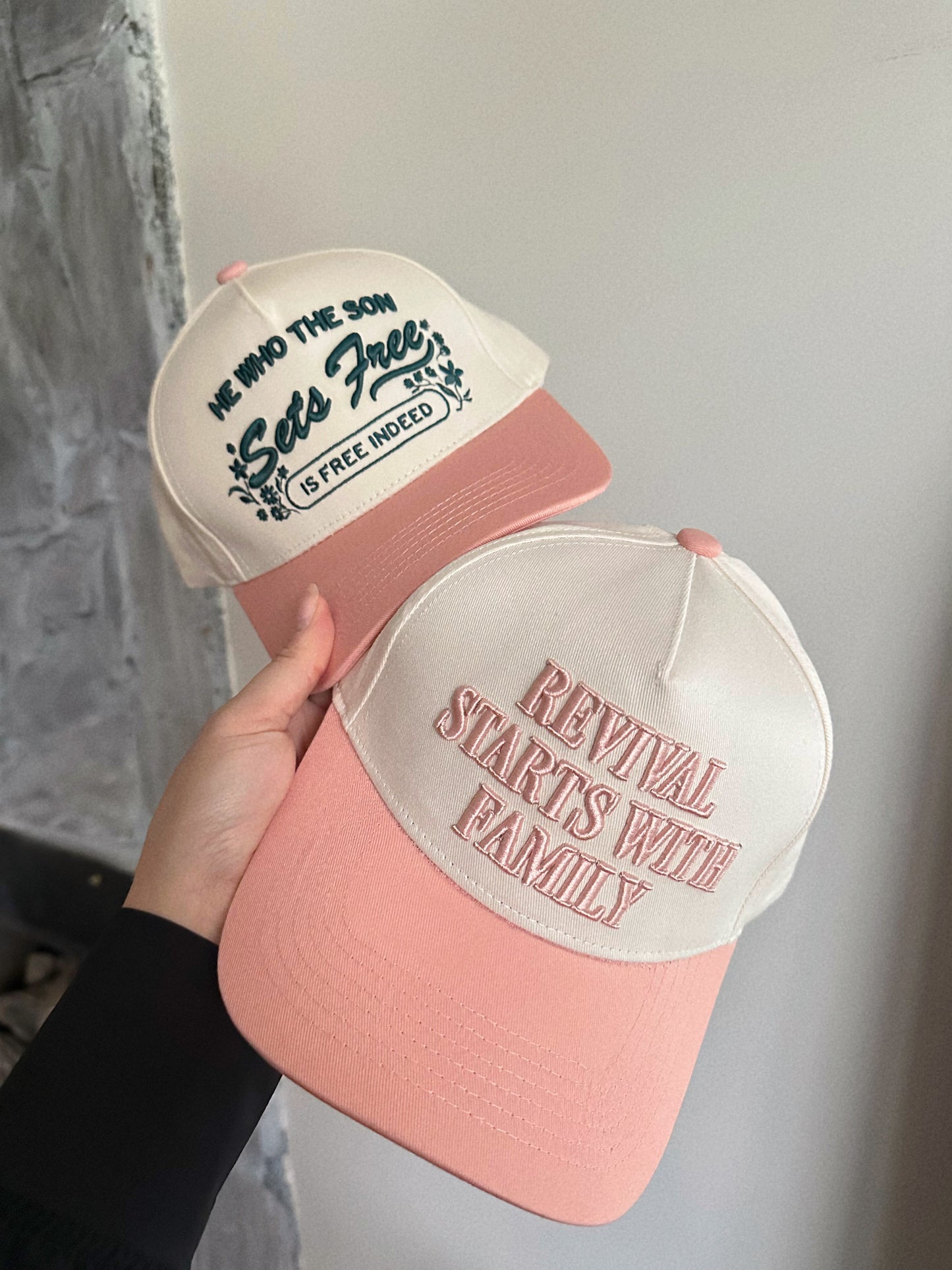 Revival Starts With Family Light Pink Trucker Hat